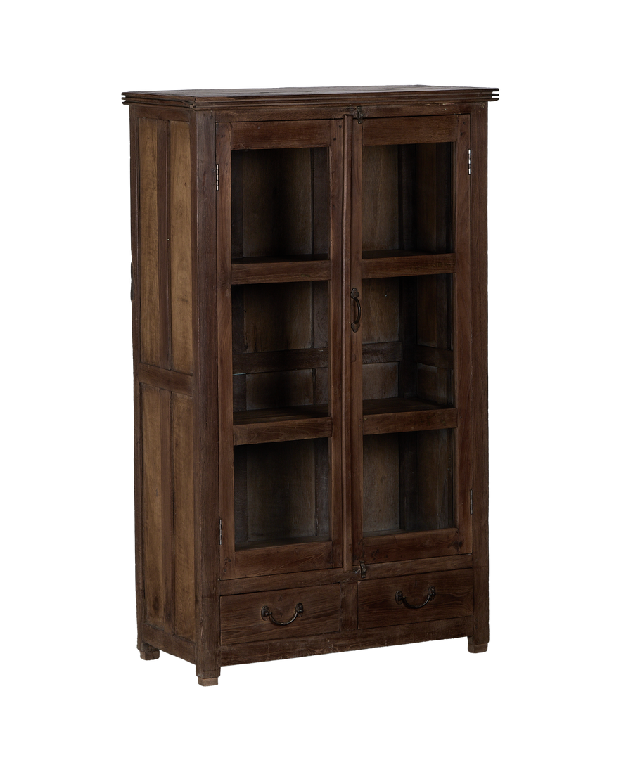 Vintage Indian oak cabinet, full shot, with two glass doors and lower drawers.