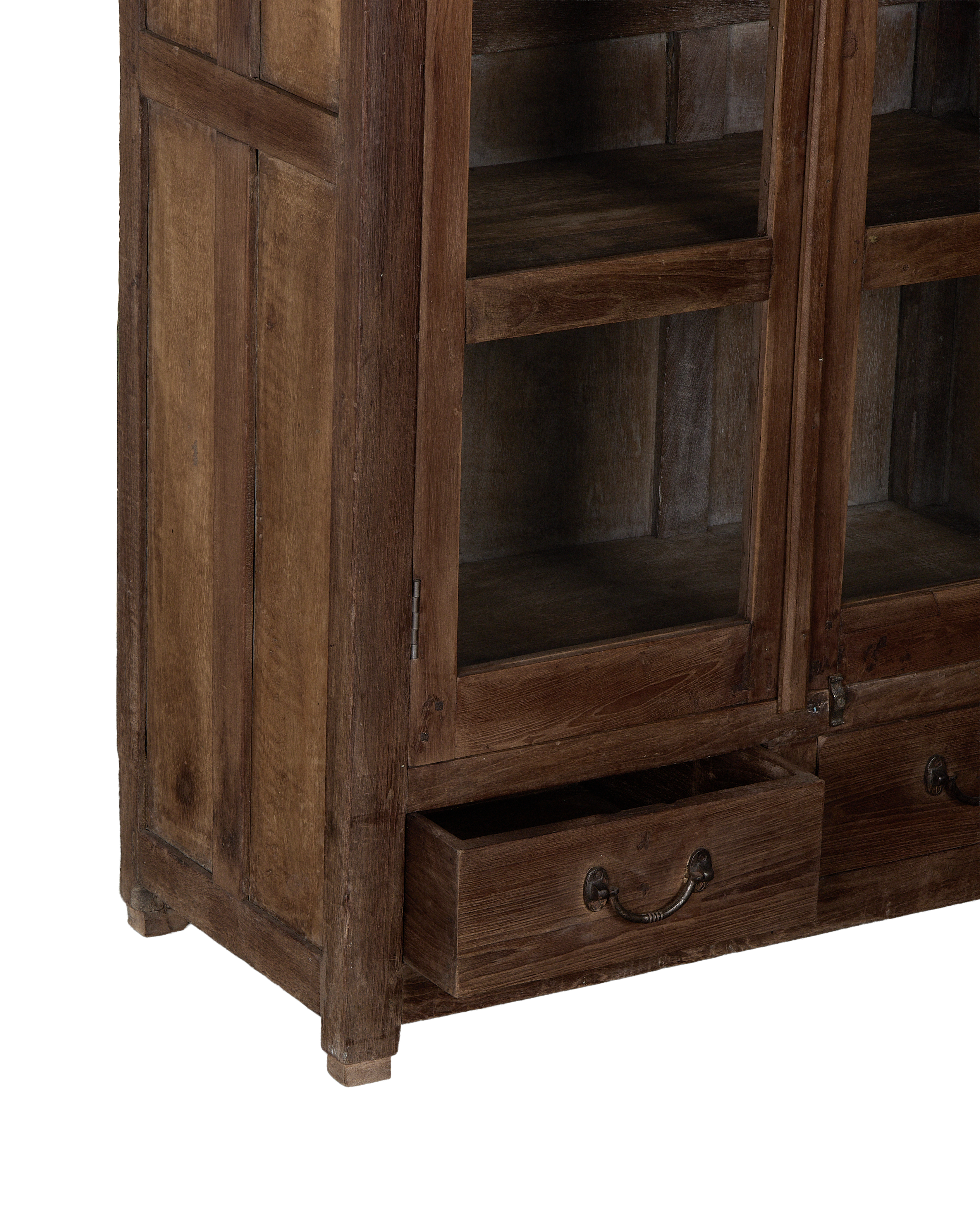 Vintage natural oak Indian cabinet with one drawer pulled open, showing aged metal hardware.