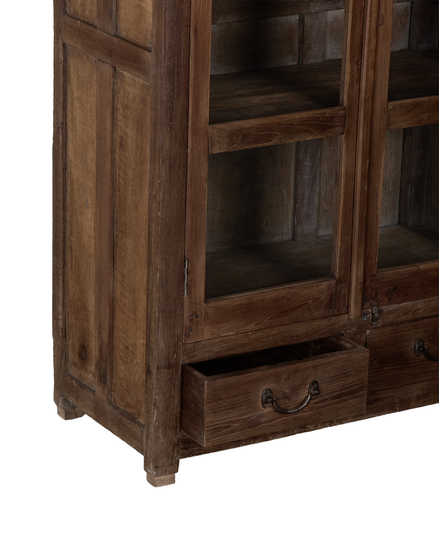Vintage natural oak Indian cabinet with one drawer pulled open, showing aged metal hardware.