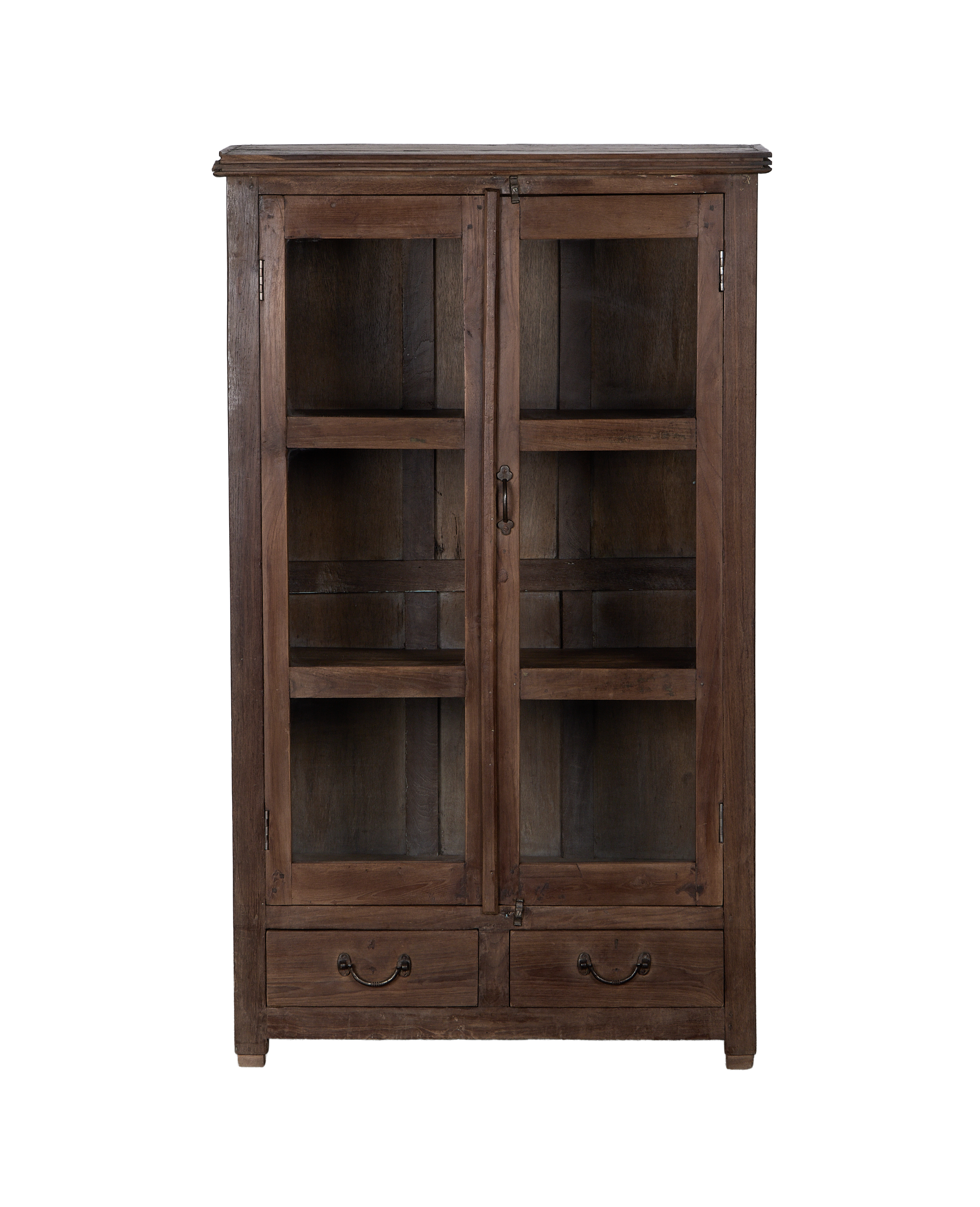Vintage Indian oak wood cabinet, natural finish, glass doors, and two drawers.