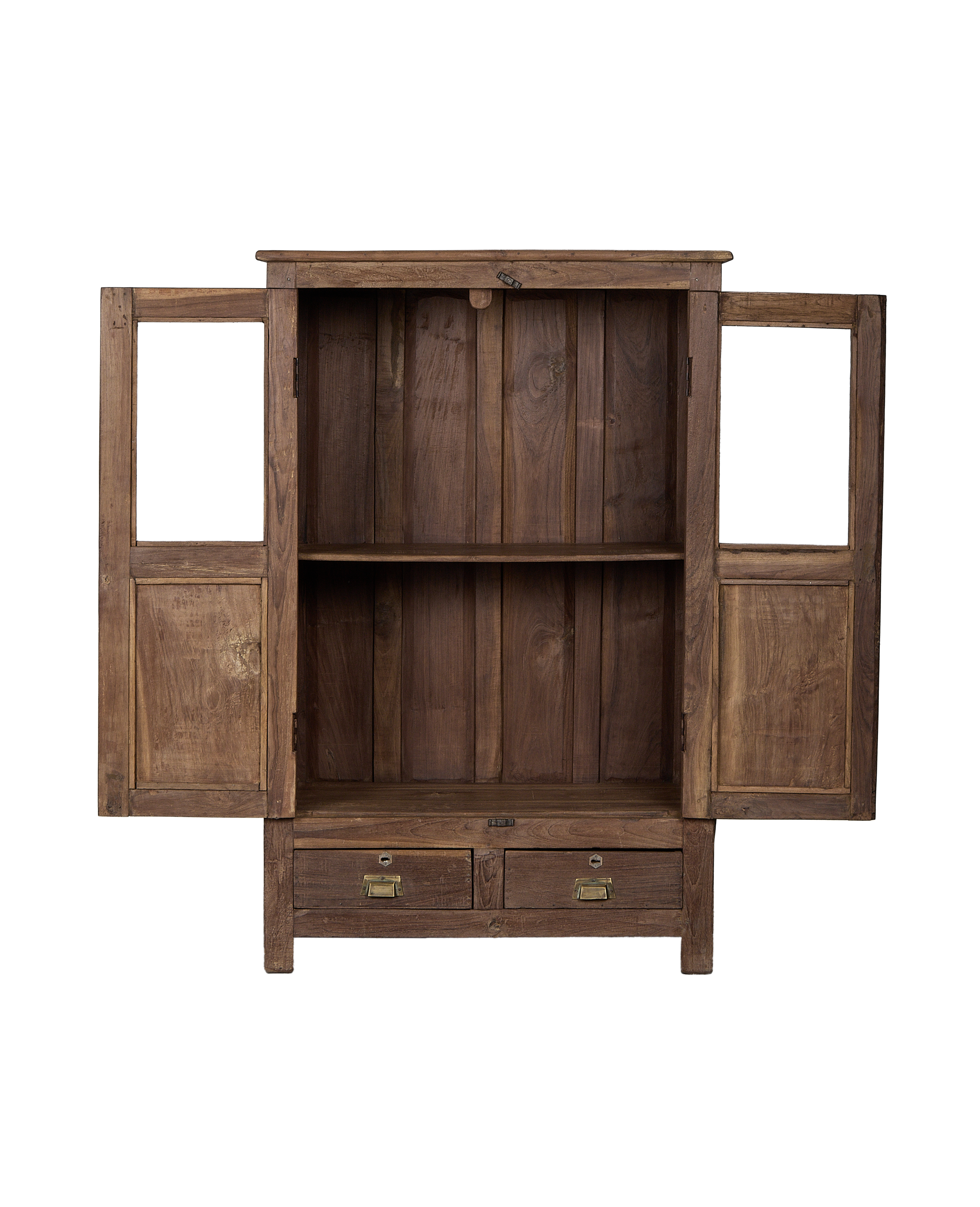 Vintage Indian oak wood cabinet, open doors revealing interior shelves and lower drawers.