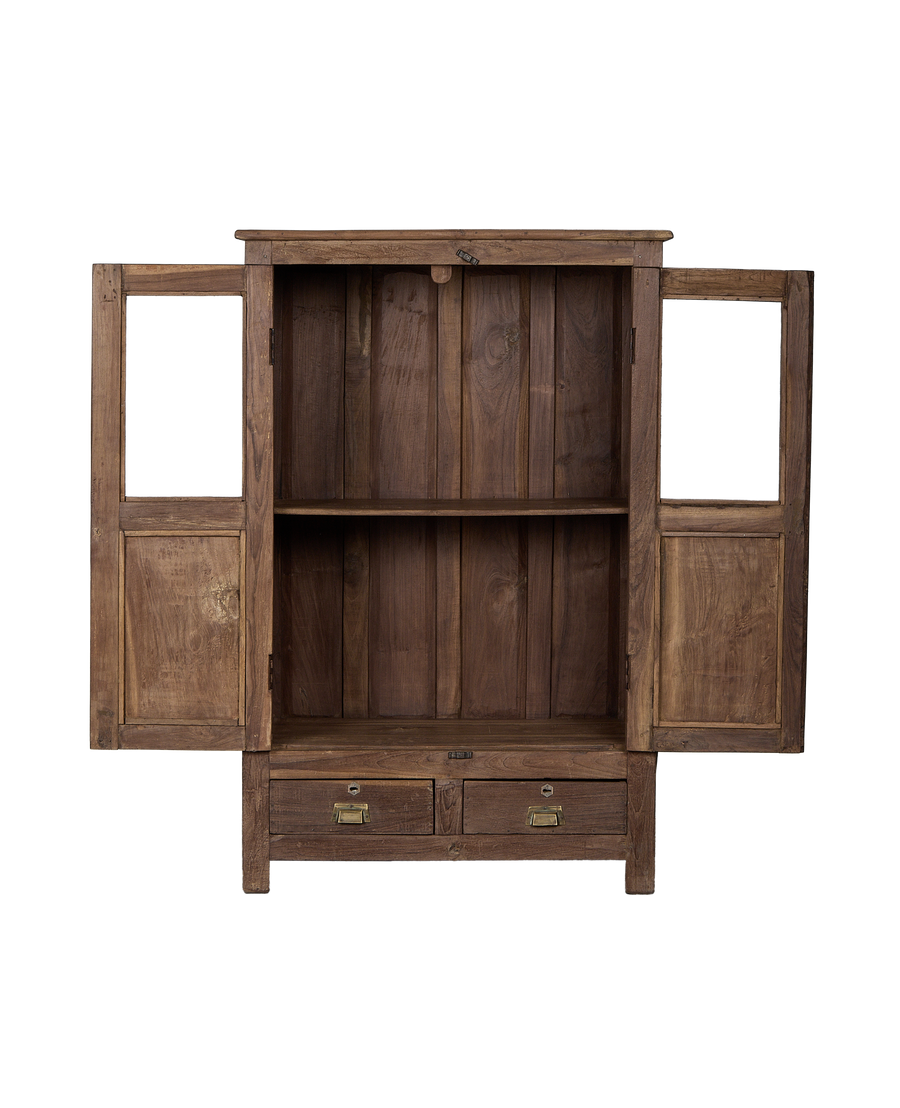 Vintage Indian oak wood cabinet, open doors revealing interior shelves and lower drawers.