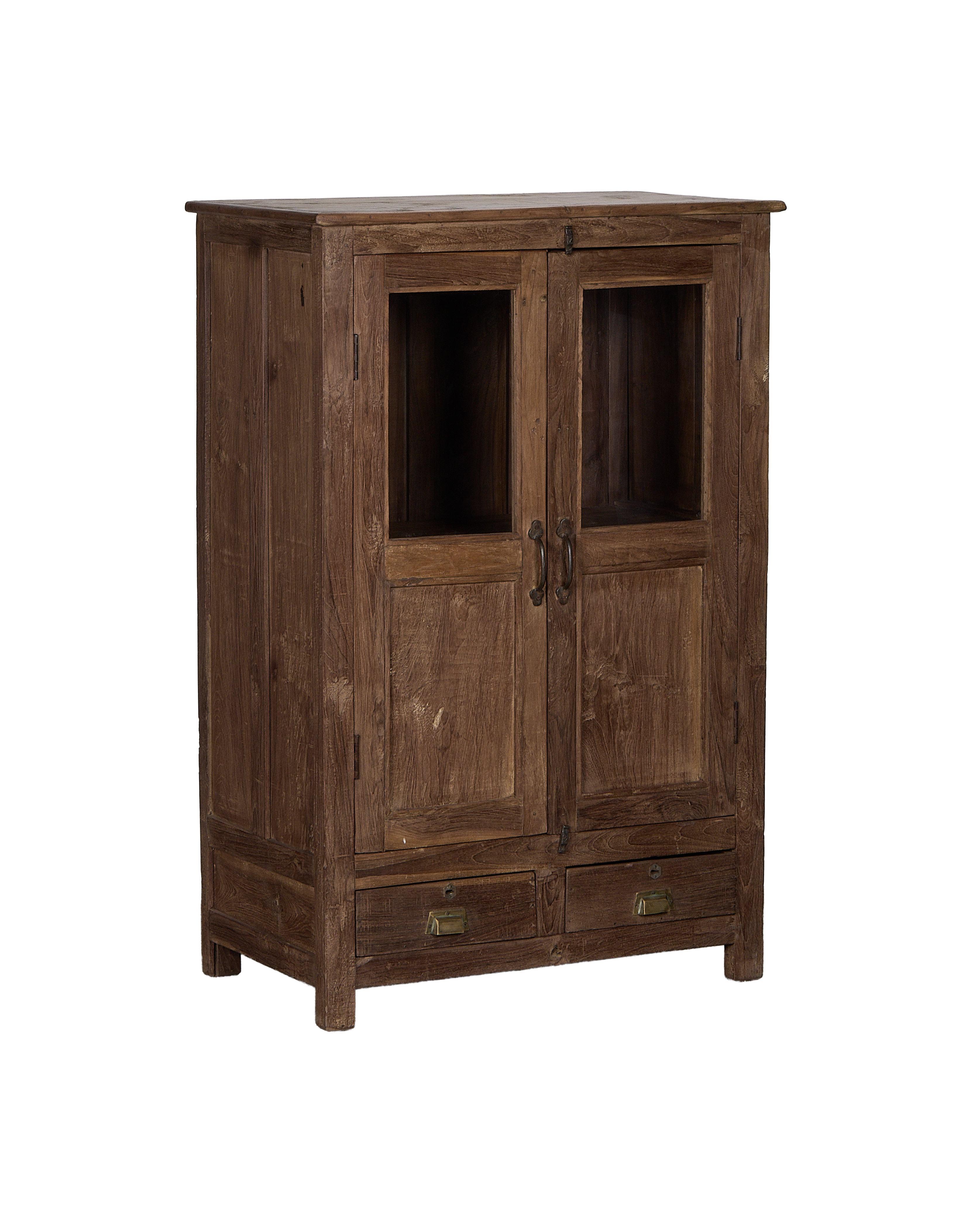 Vintage natural oak cabinet from India, showing transparent glass doors and lower drawers.