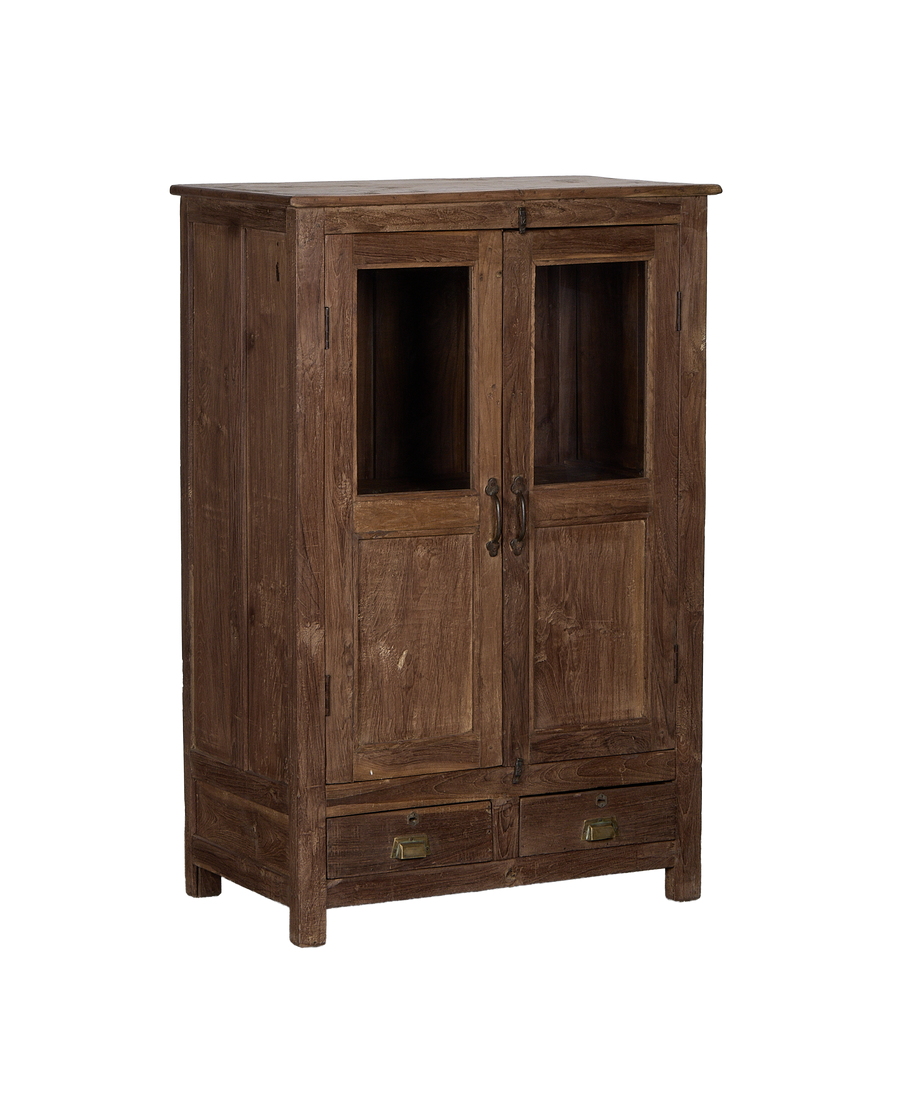 Vintage natural oak cabinet from India, showing transparent glass doors and lower drawers.