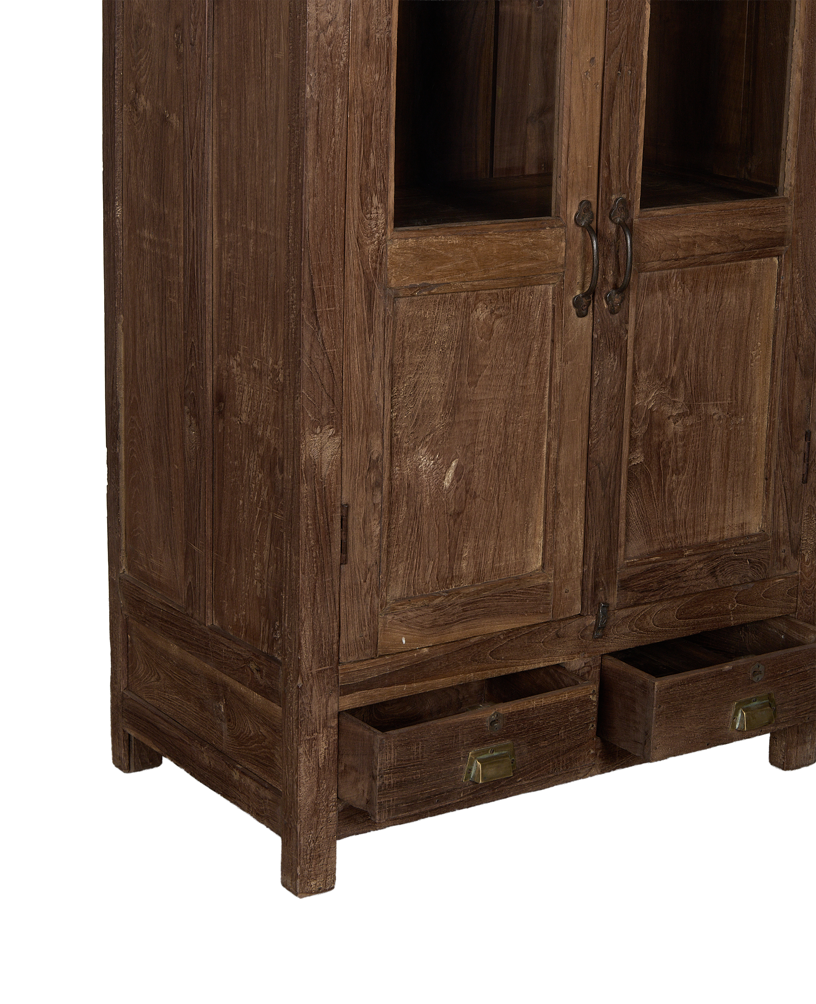 Vintage oak Indian cabinet, showing open drawers with antique brass pulls, aged wood texture.