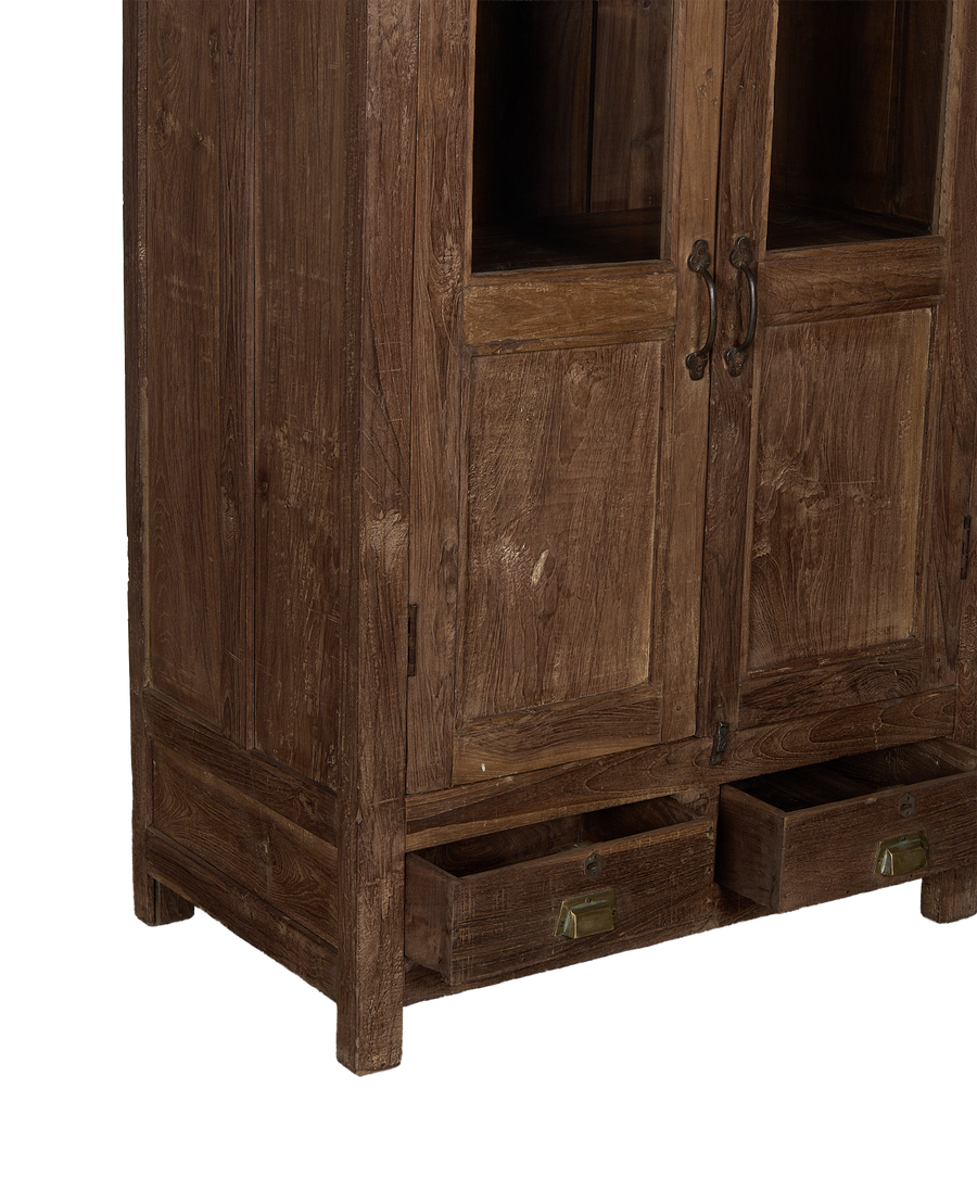 Vintage oak Indian cabinet, showing open drawers with antique brass pulls, aged wood texture.