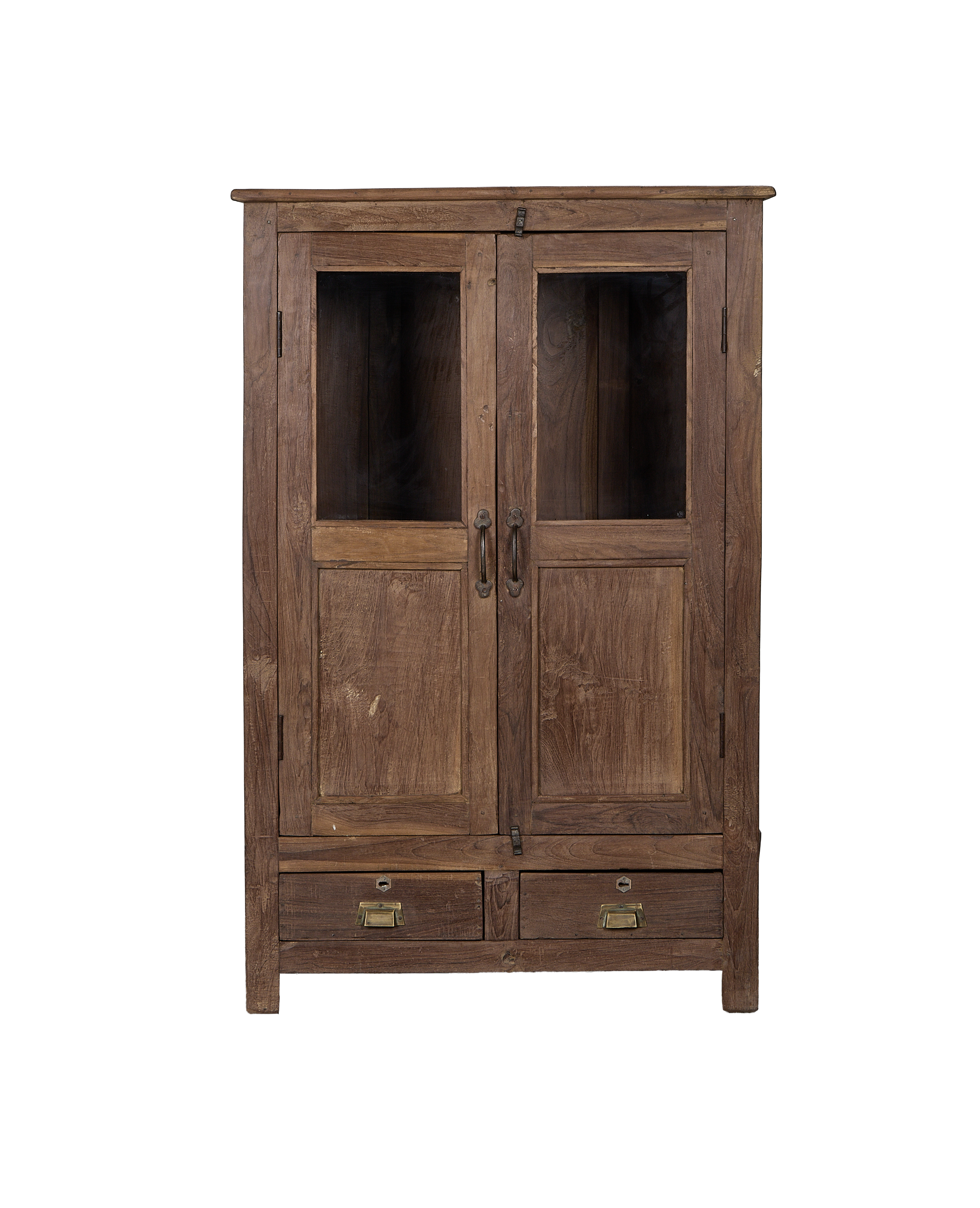 Vintage Indian Oak cabinet, natural wood finish, with glass panel doors and two drawers.