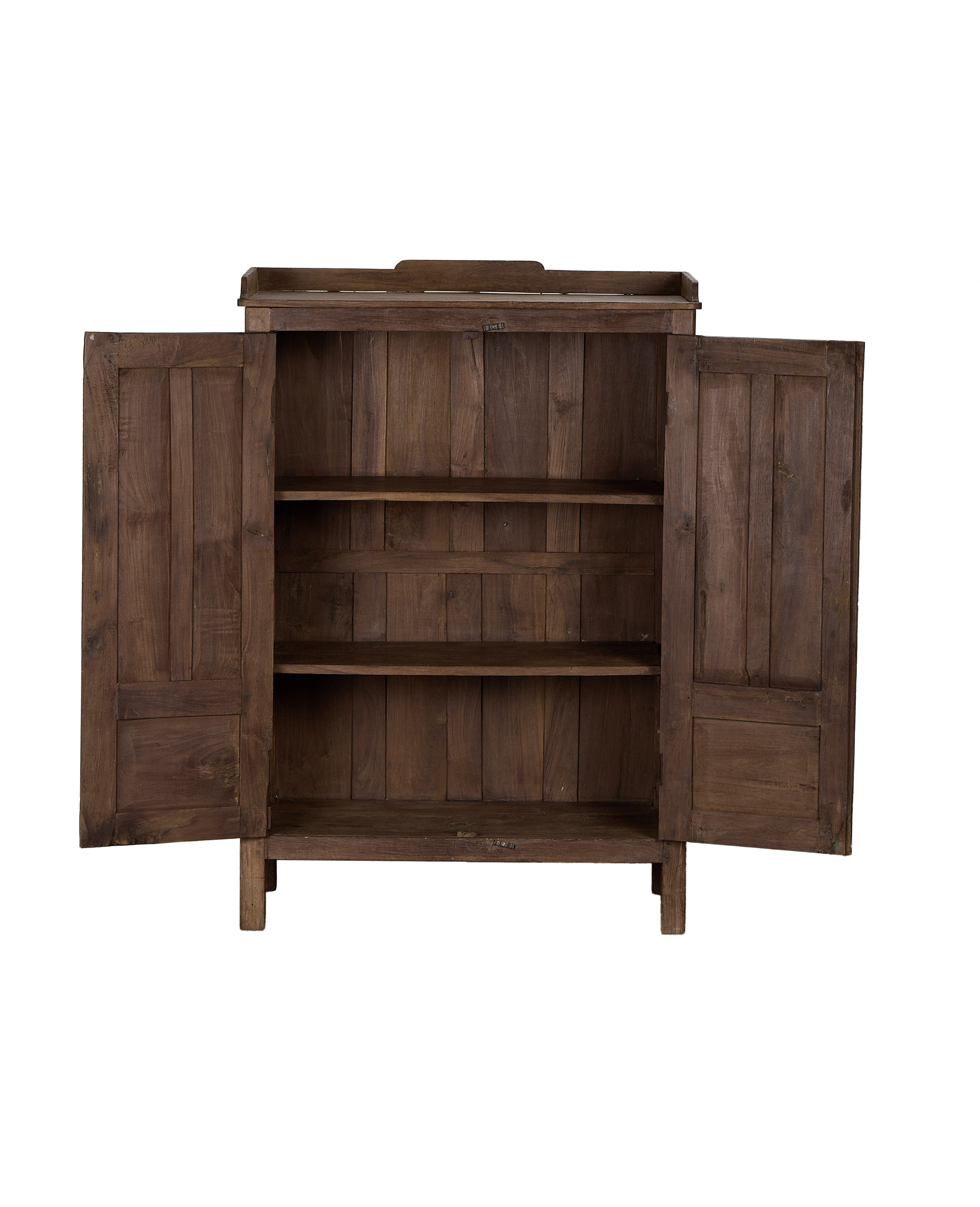 Vintage Indian oak cabinet, doors open, revealing two empty interior shelves.
