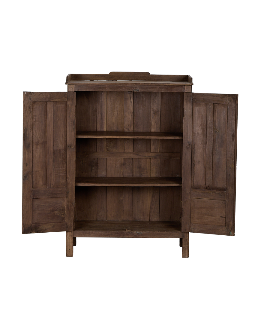 Vintage Indian oak cabinet, doors open, revealing two empty interior shelves.