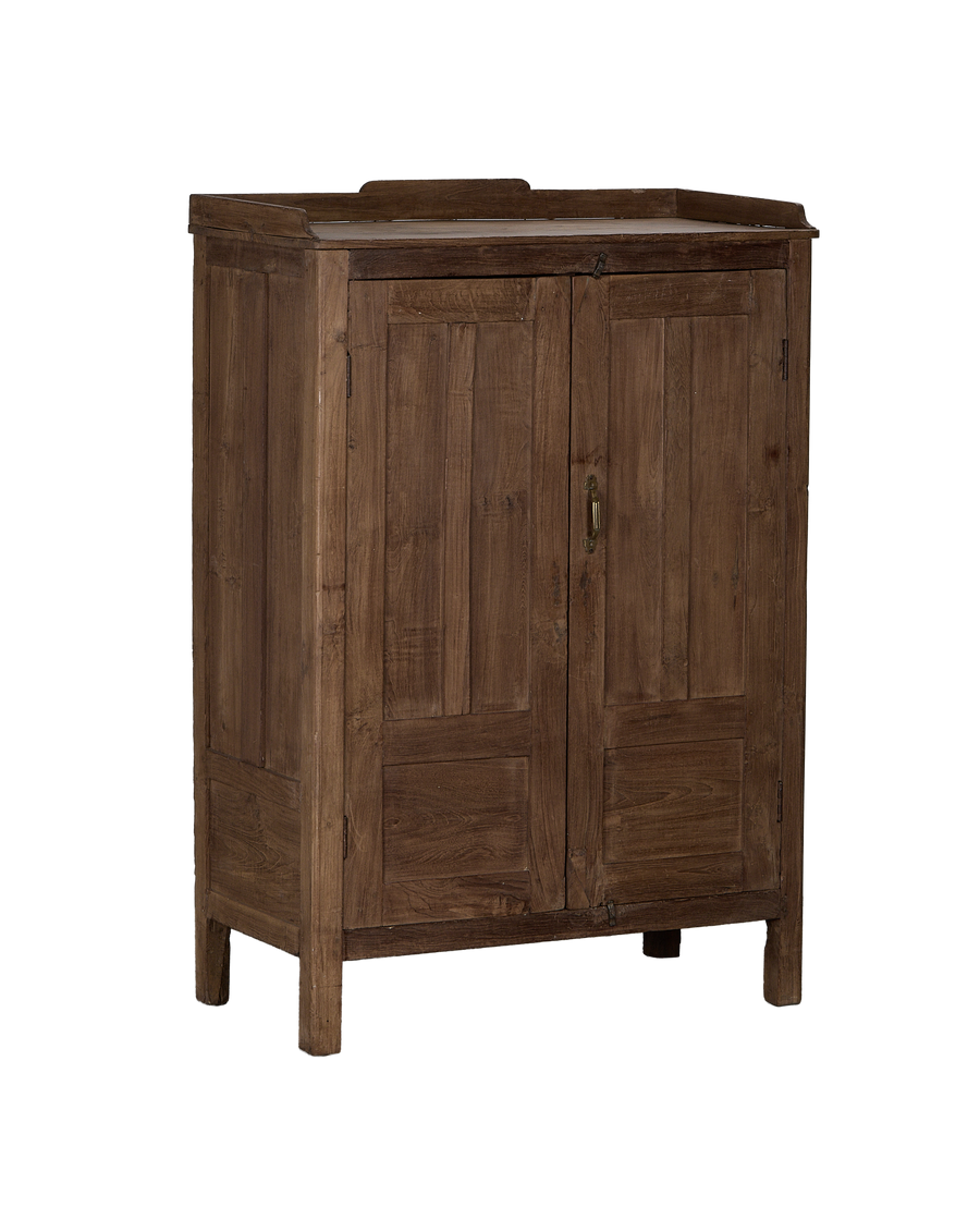 Vintage dark oak cabinet from India, showing paneled doors and brass hardware.