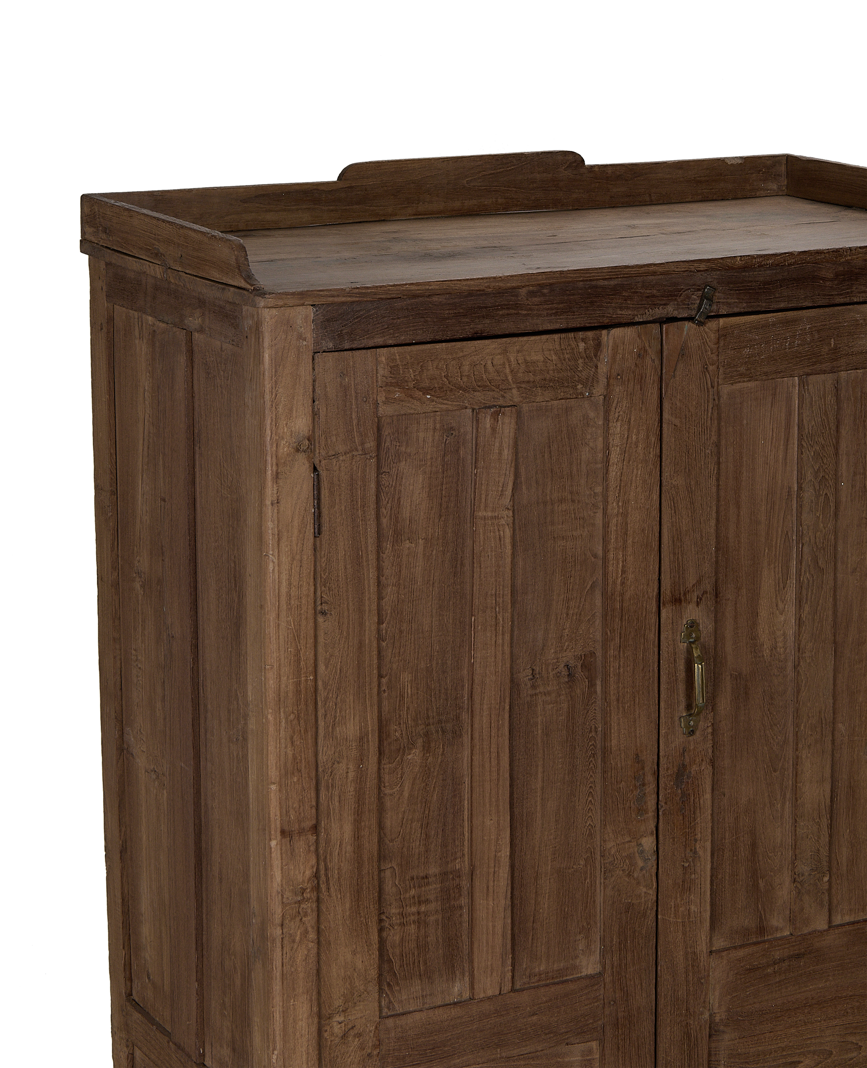 Close-up of vintage Indian oak wood cabinet's natural grain and distressed details on the right door.