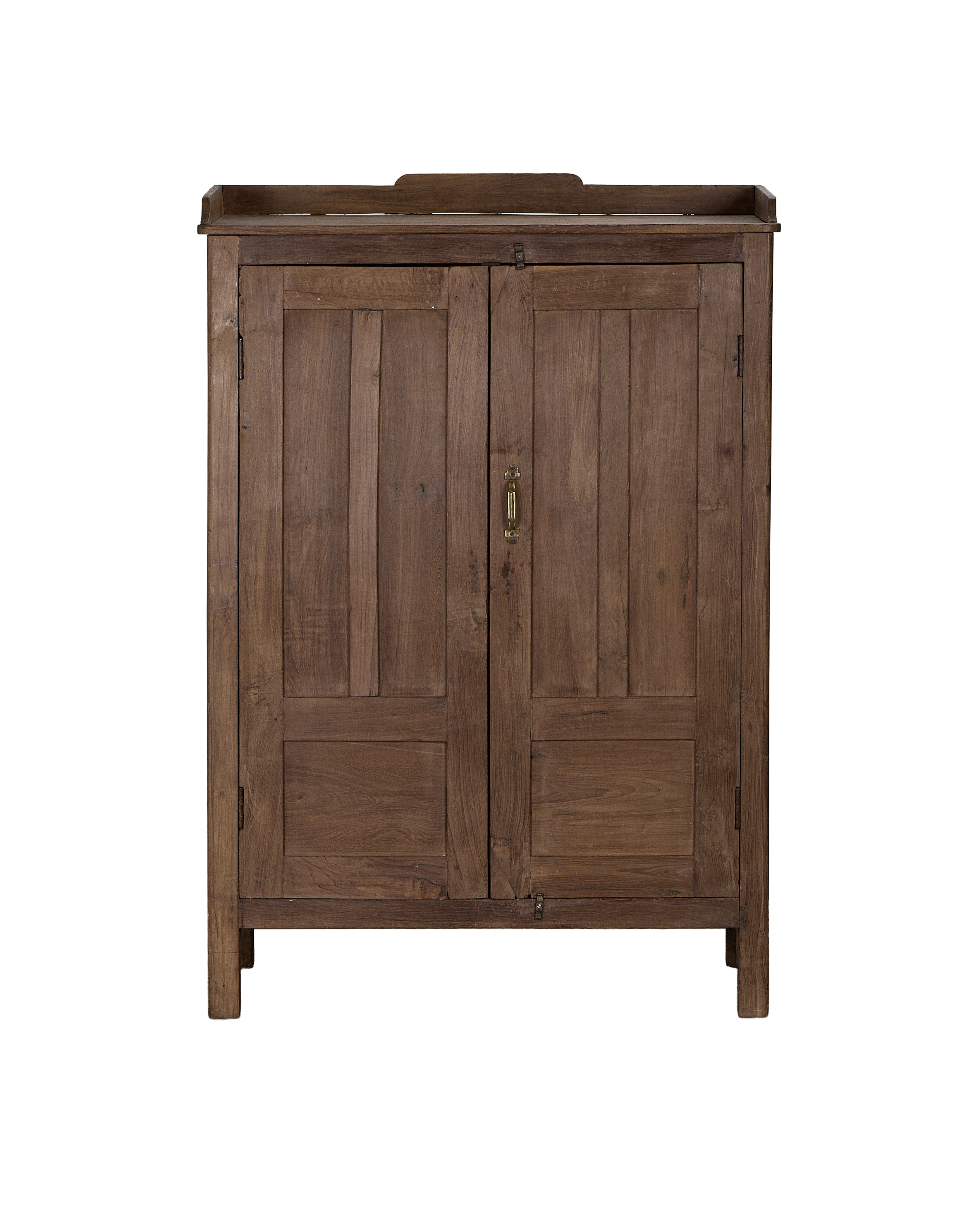 Vintage Indian oak wood cabinet, natural finish, featuring two doors with bronze handle.