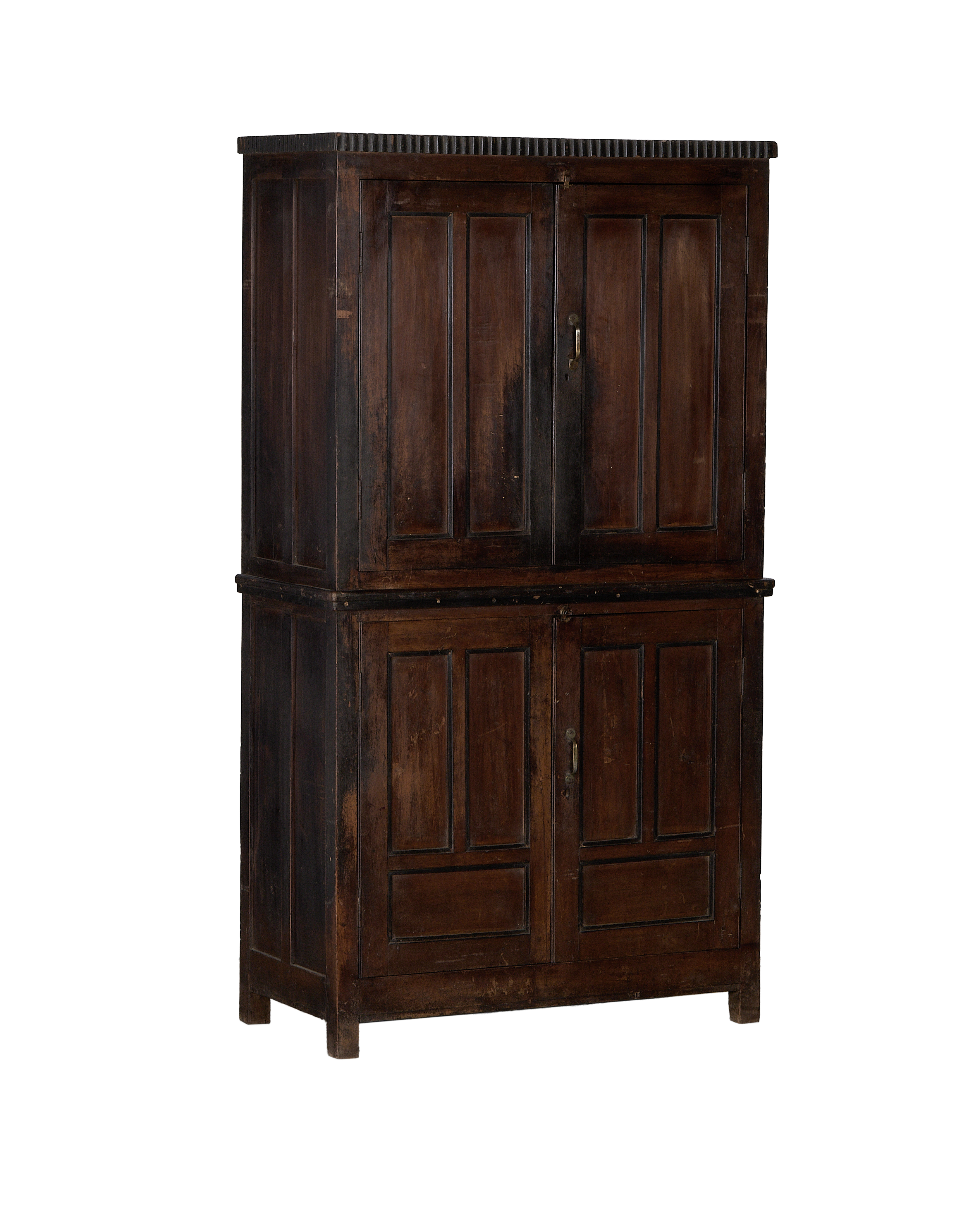 Vintage Indian oak cabinet, full frontal view, showing its two stacked dark stained compartments.