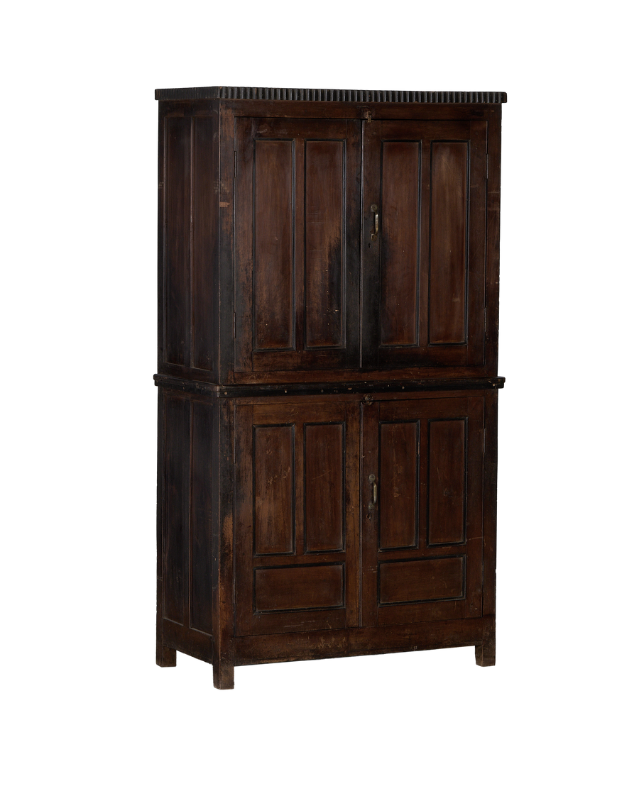 Vintage Indian oak cabinet, full frontal view, showing its two stacked dark stained compartments.
