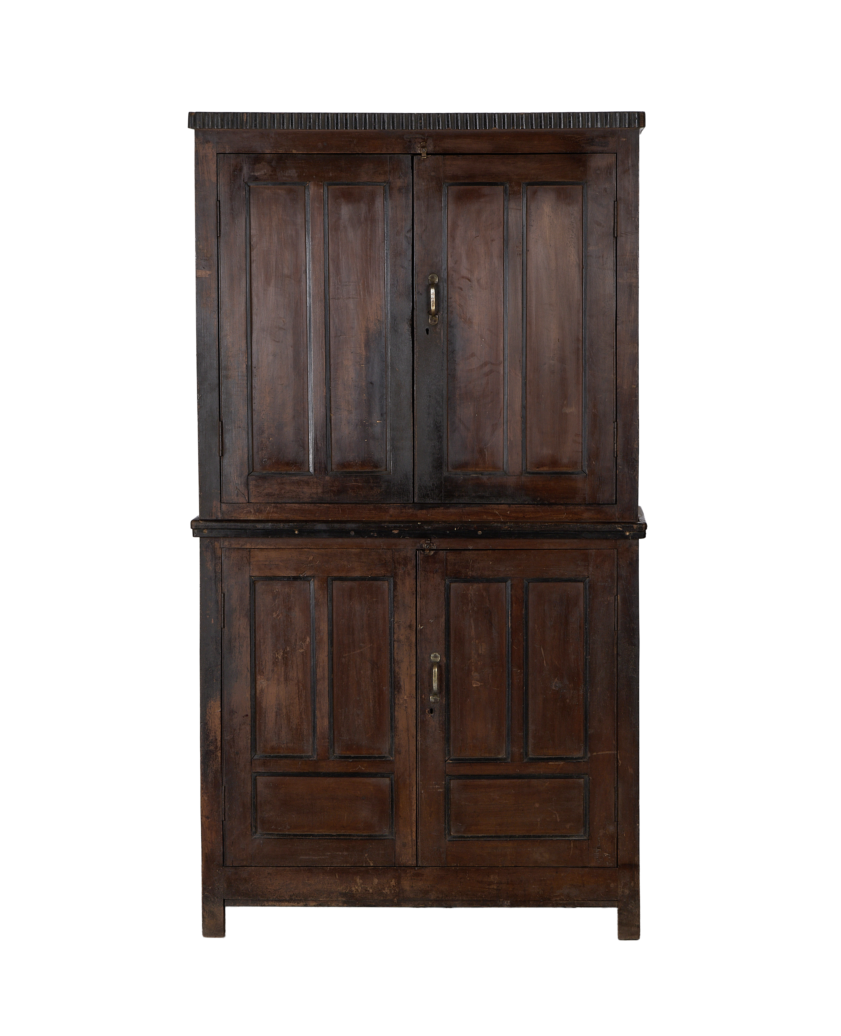 Vintage stained oak cabinet from India, dark wood, with two upper and two lower panelled doors.