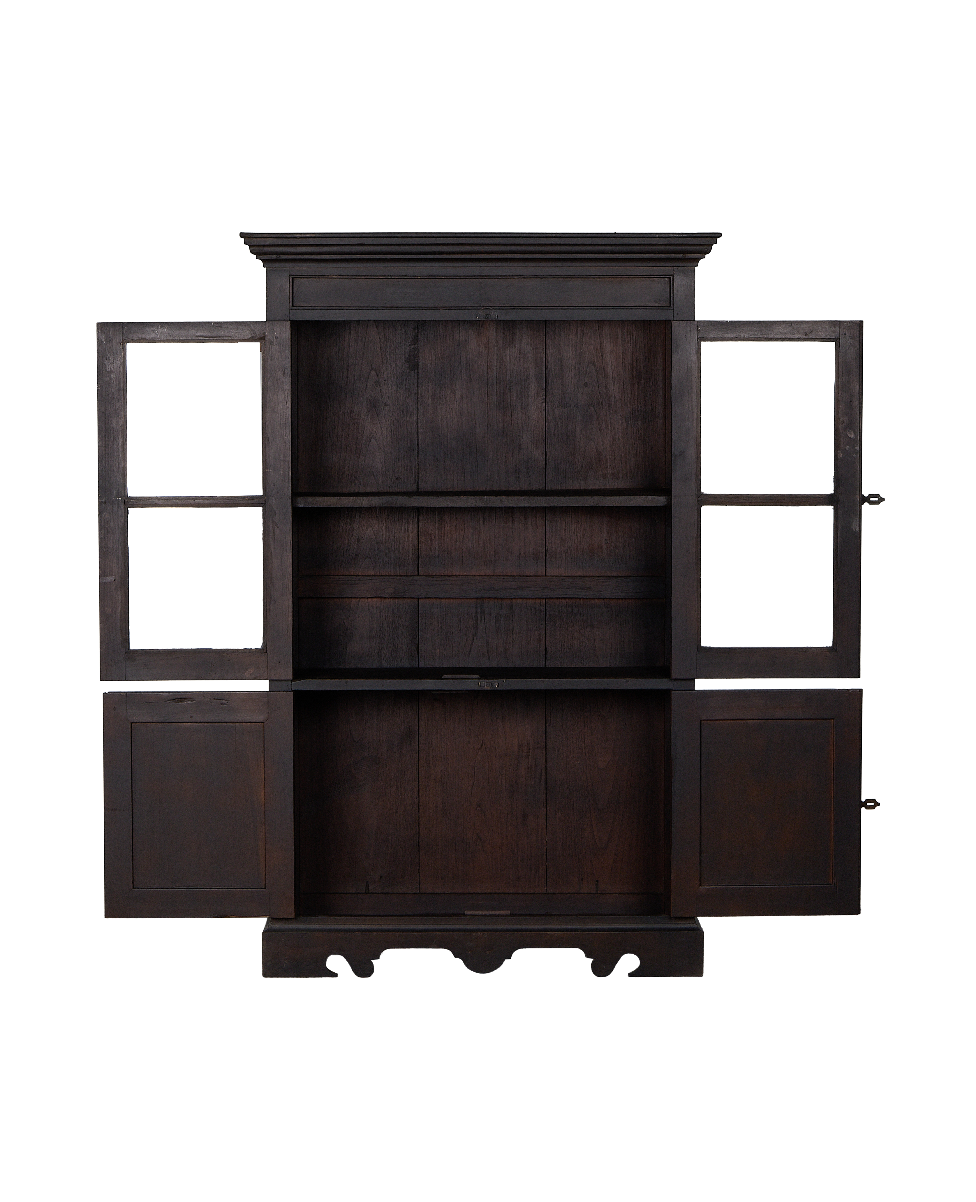 Open vintage Indian oak wood cabinet, dark stained, showcasing interior shelves and doors ajar.