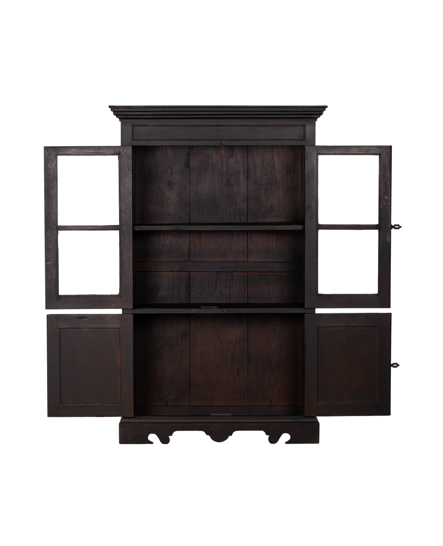 Open vintage Indian oak wood cabinet, dark stained, showcasing interior shelves and doors ajar.