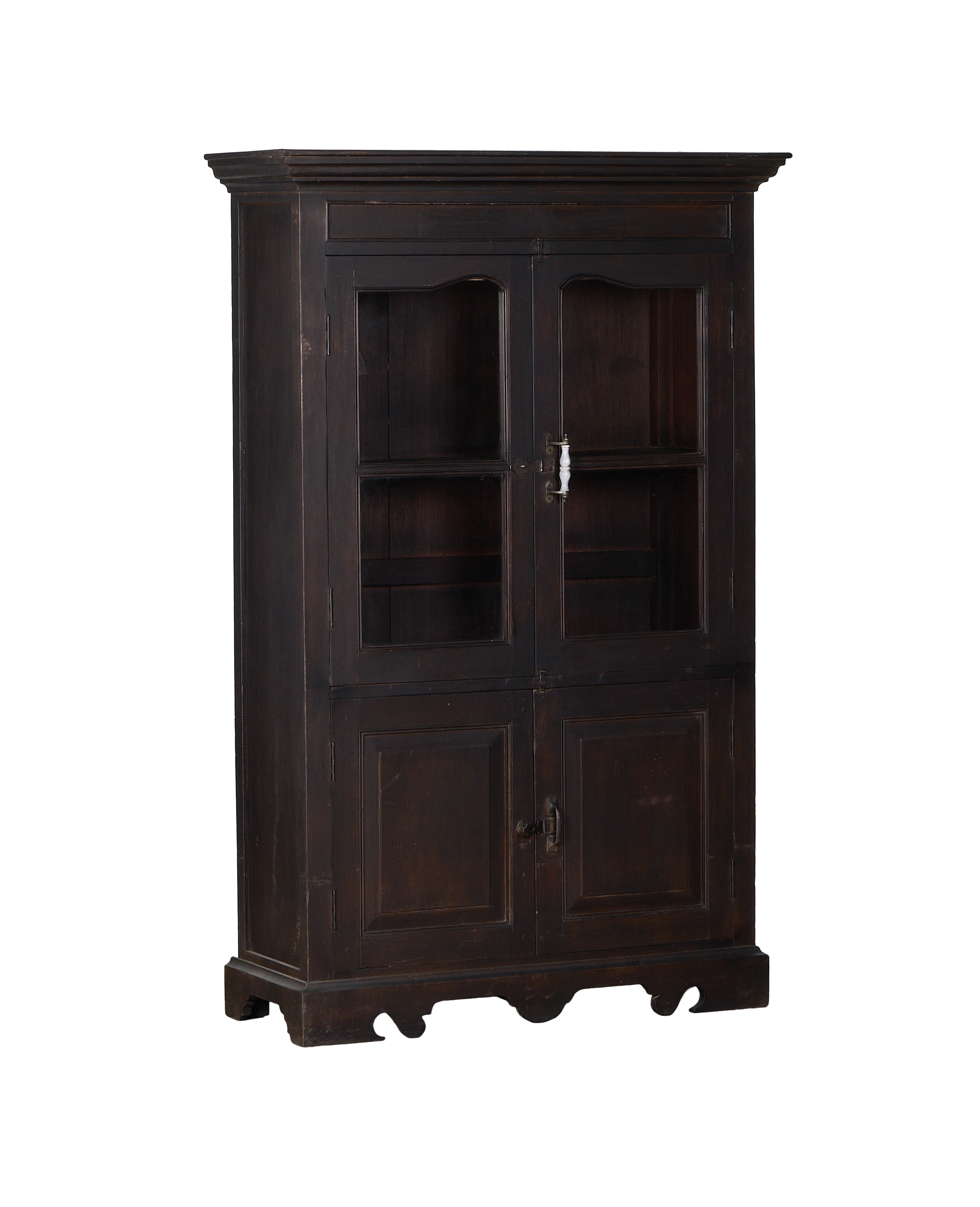 Full-view, dark stained vintage Indian oak cabinet with glass and paneled doors.