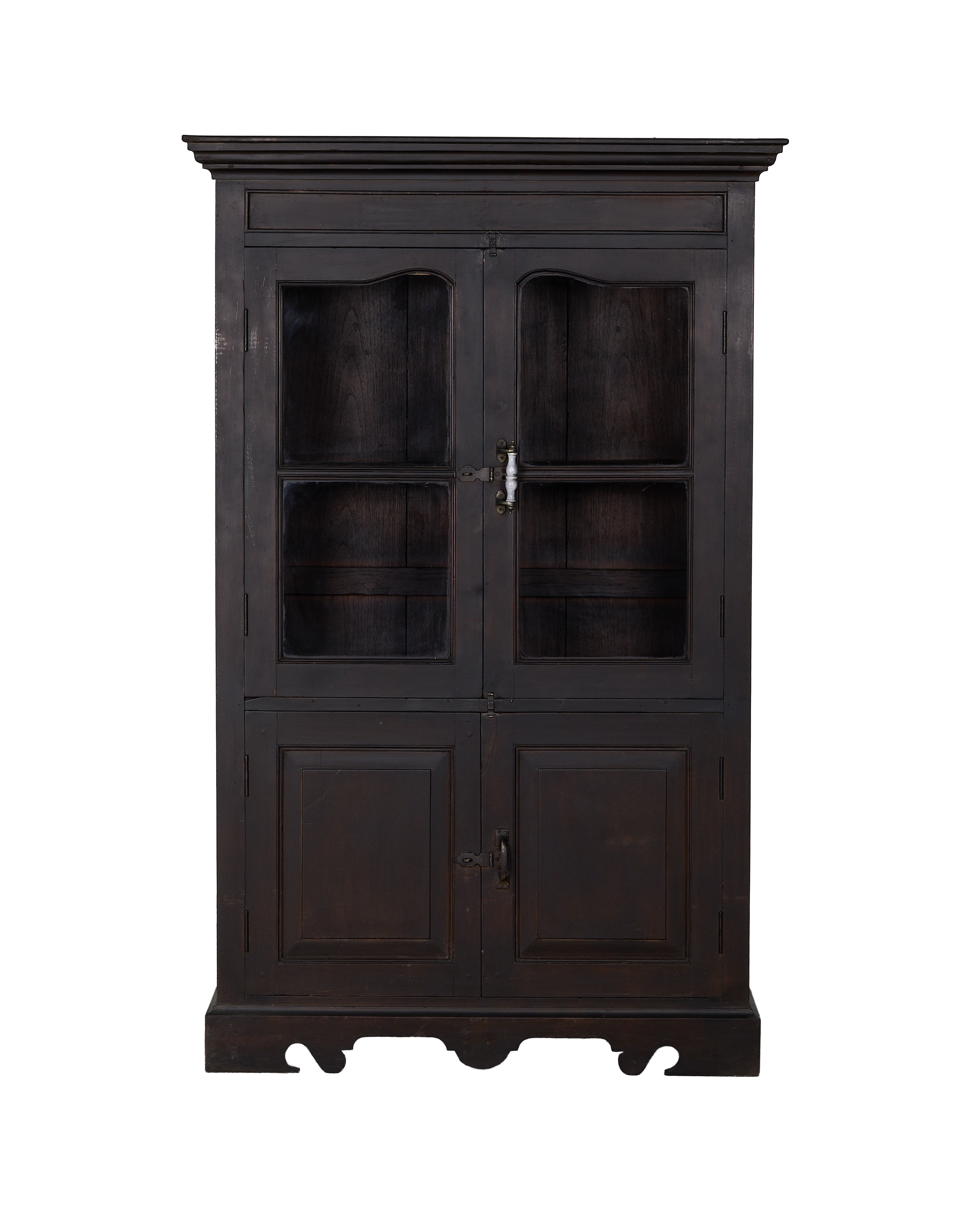 Vintage Indian oak cabinet, dark stained, with glass-fronted upper doors and bottom cupboards.