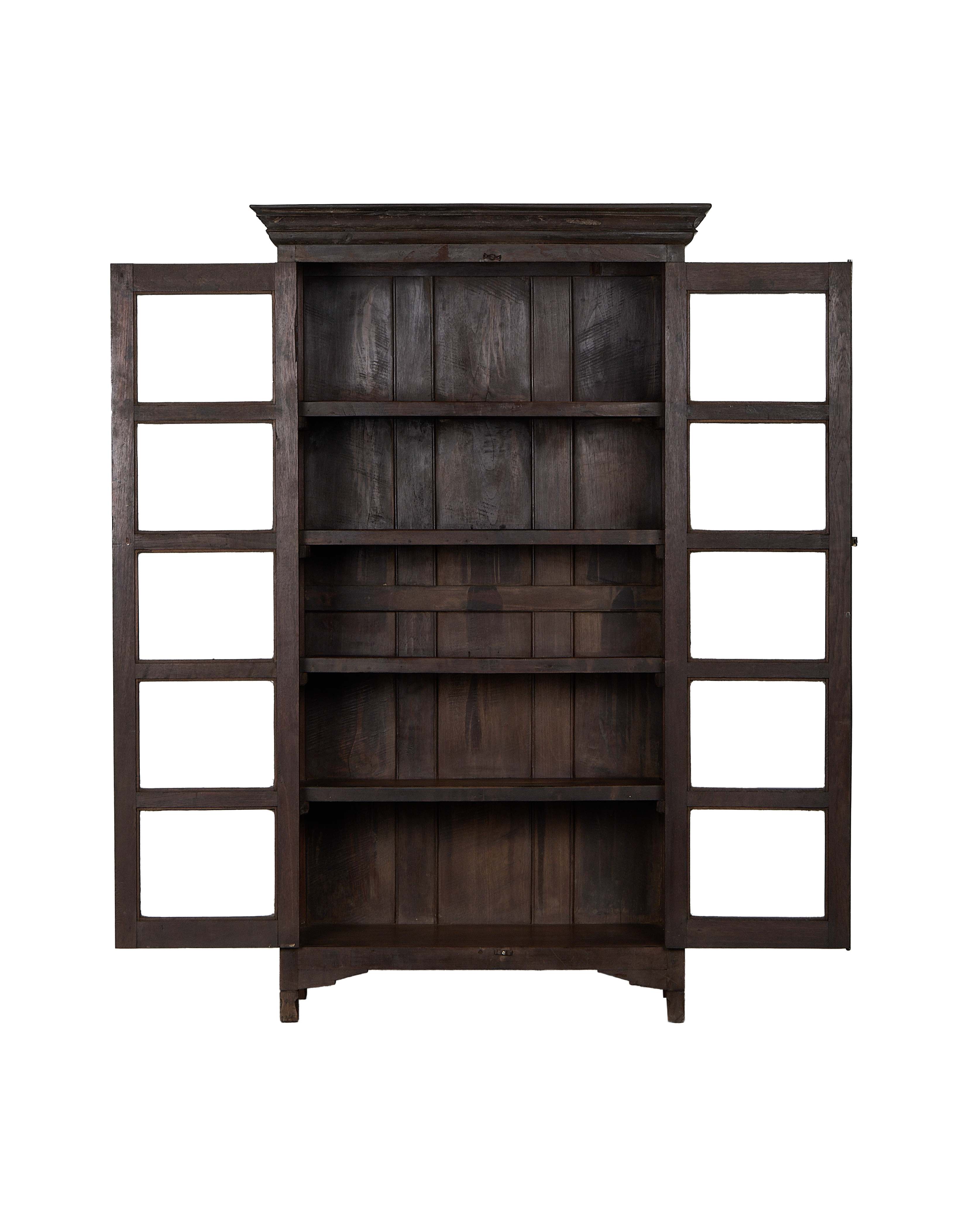 Vintage Indian oak wood cabinet, doors open, showcasing natural distressed finish and shelves.