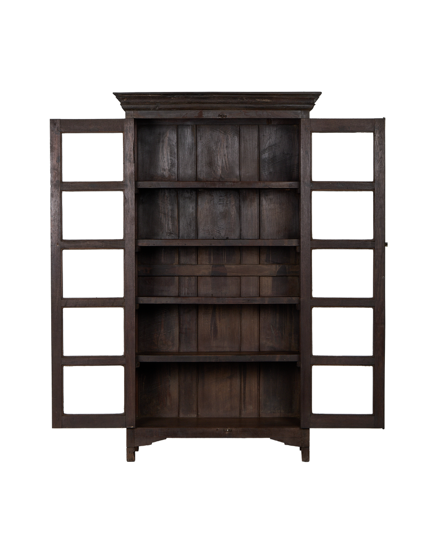 Vintage Indian oak wood cabinet, doors open, showcasing natural distressed finish and shelves.