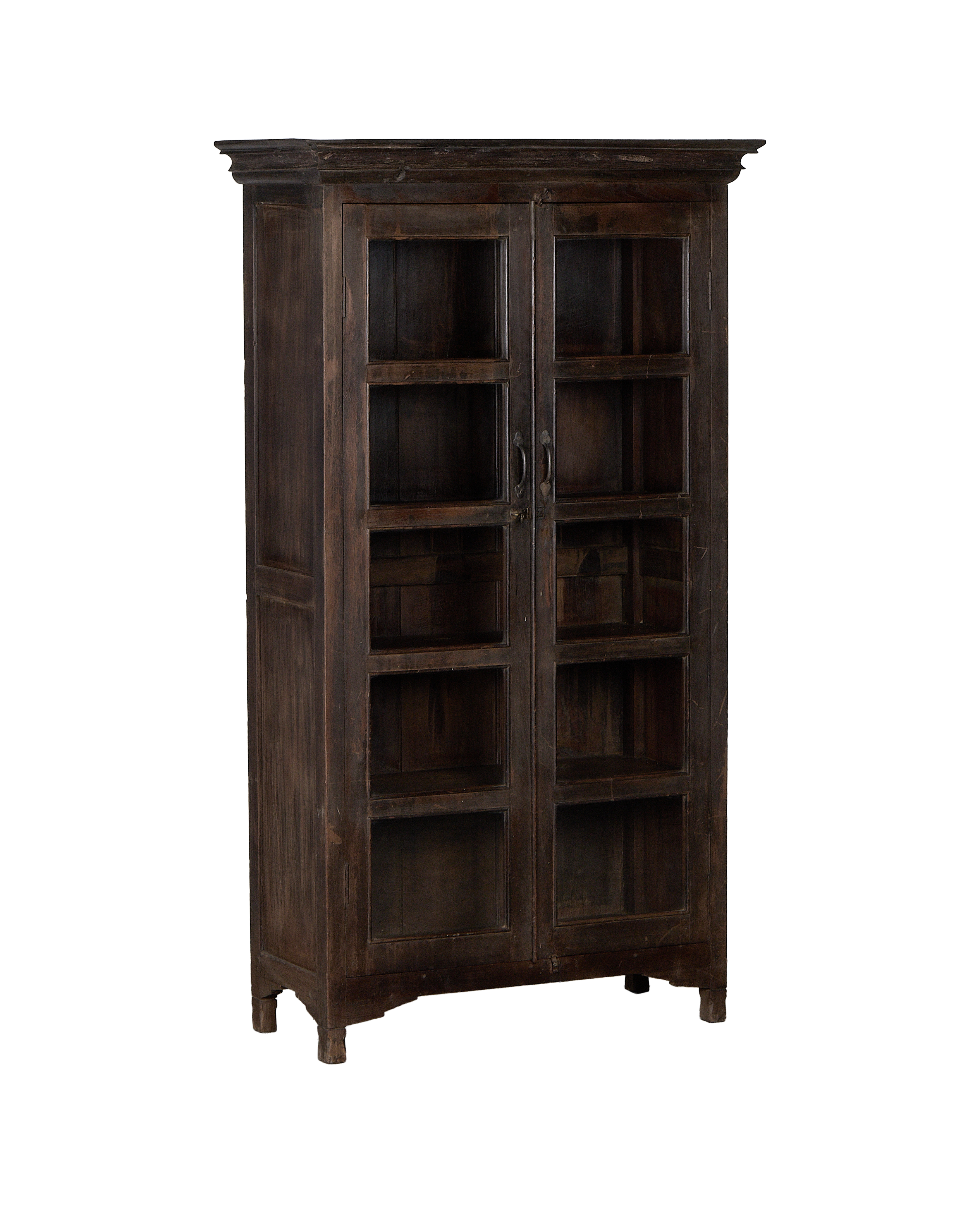 Vintage Indian oak display cabinet, showing glass-paned doors and dark natural worn finish.