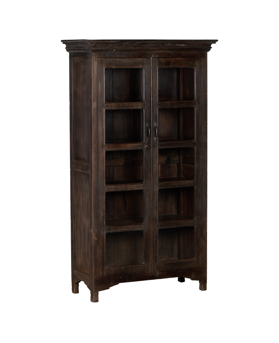 Vintage Indian oak display cabinet, showing glass-paned doors and dark natural worn finish.