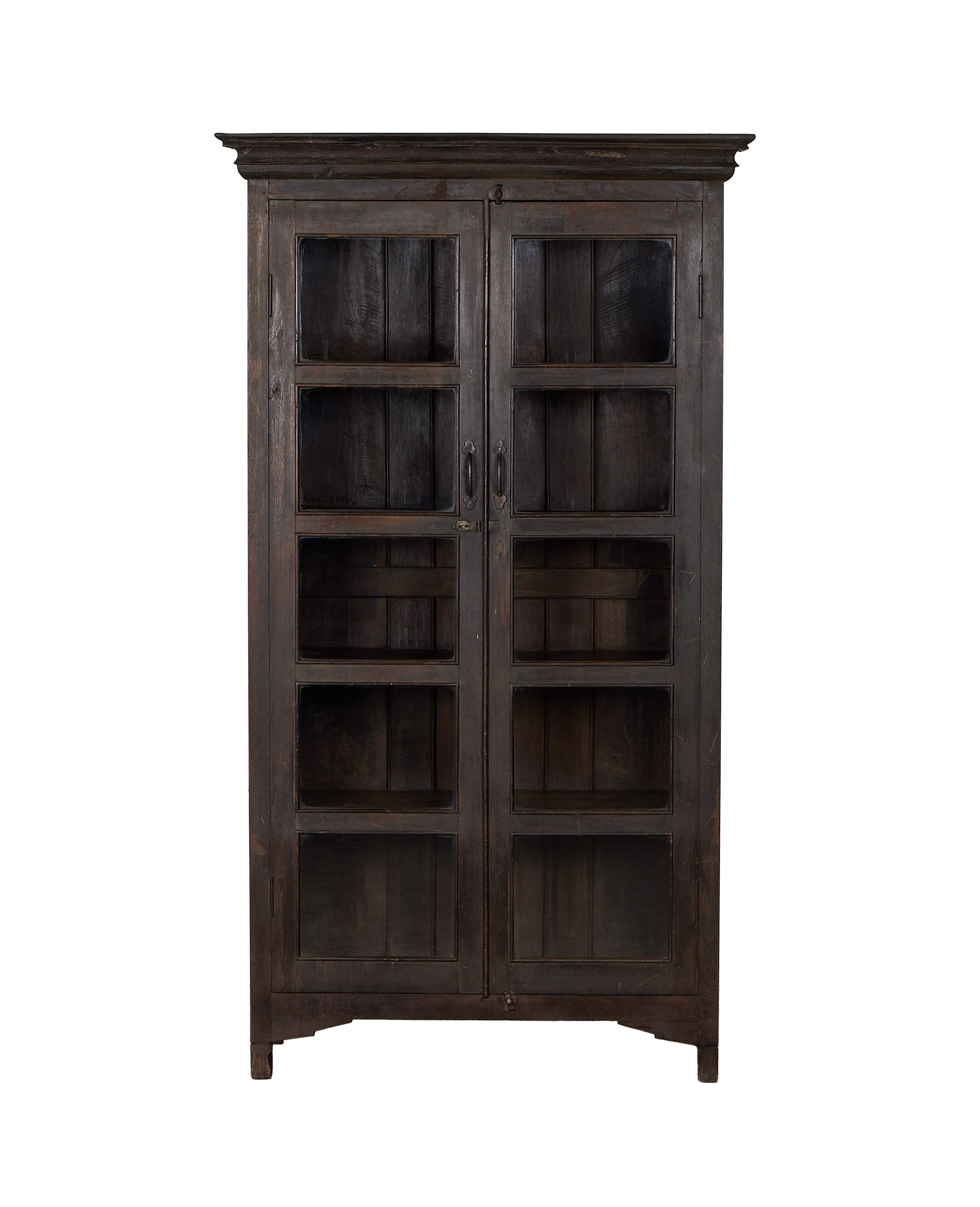 Vintage Indian oak wood cabinet, natural finish, featuring two paneled doors and shelves.
