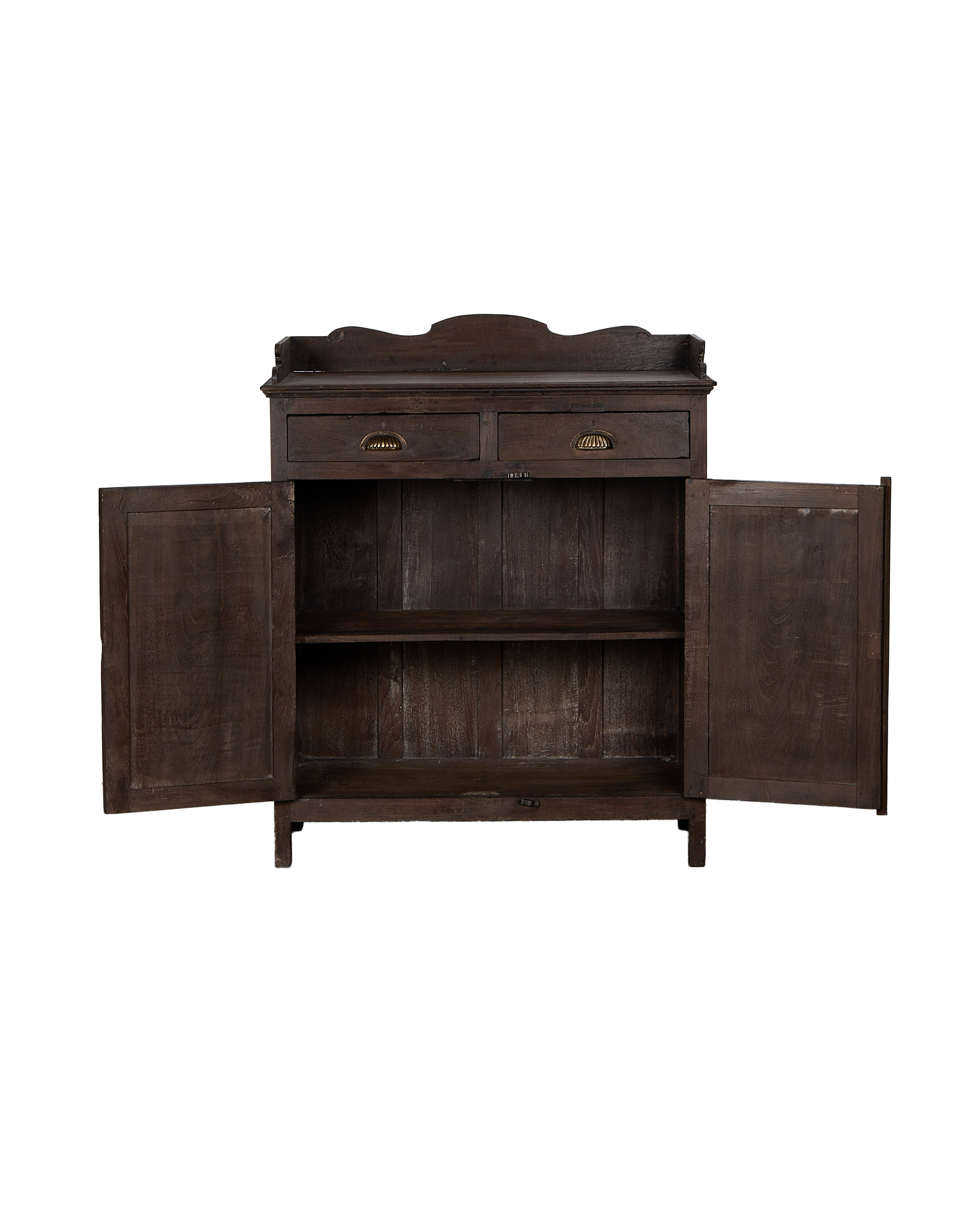 Vintage Indian oak cabinet, doors open revealing interior shelves and wood texture.