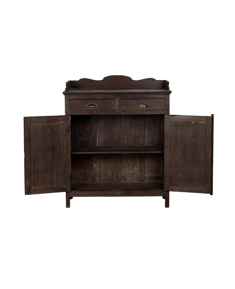 Vintage Indian oak cabinet, doors open revealing interior shelves and wood texture.