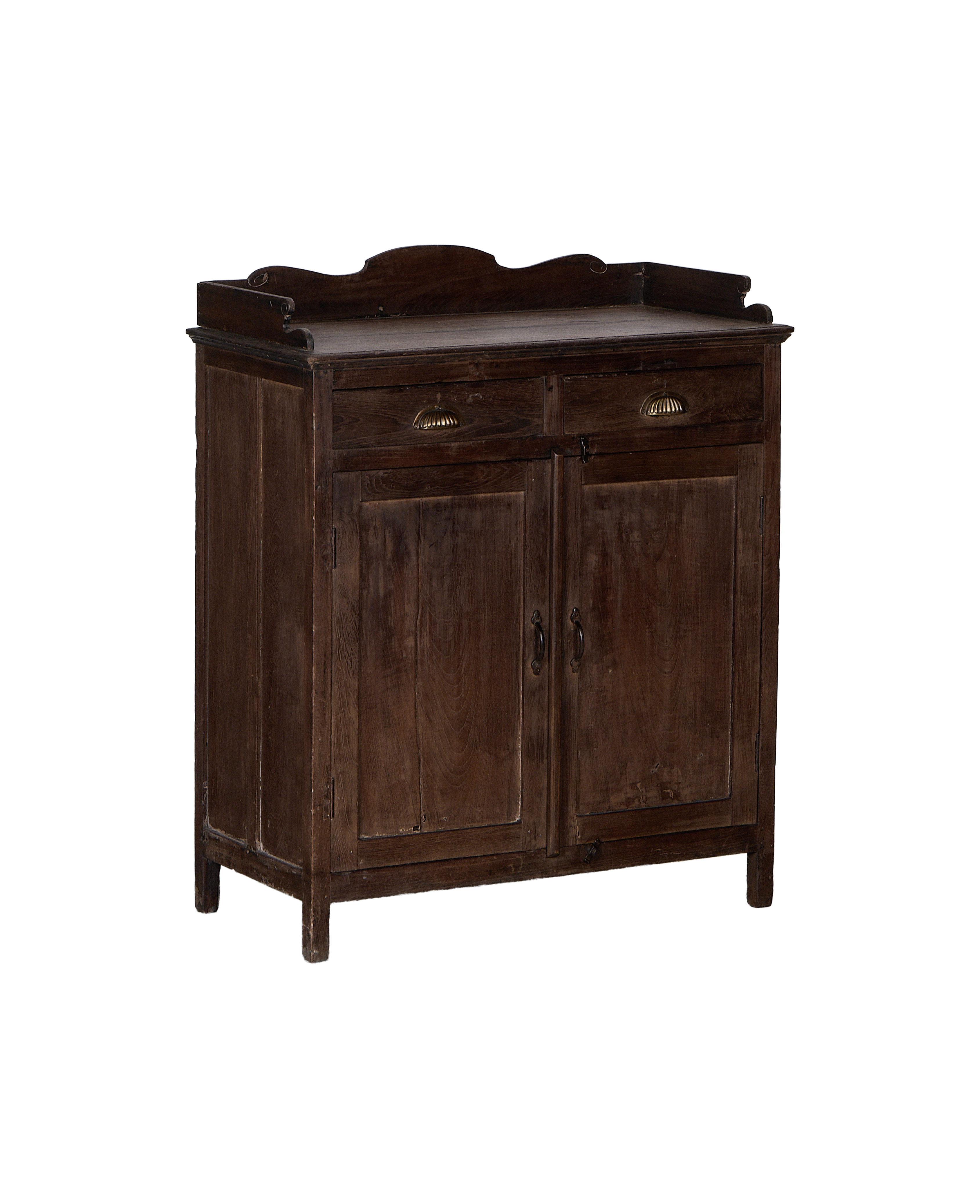 Vintage Indian oak cabinet, full frontal view, showing two drawers and double doors.