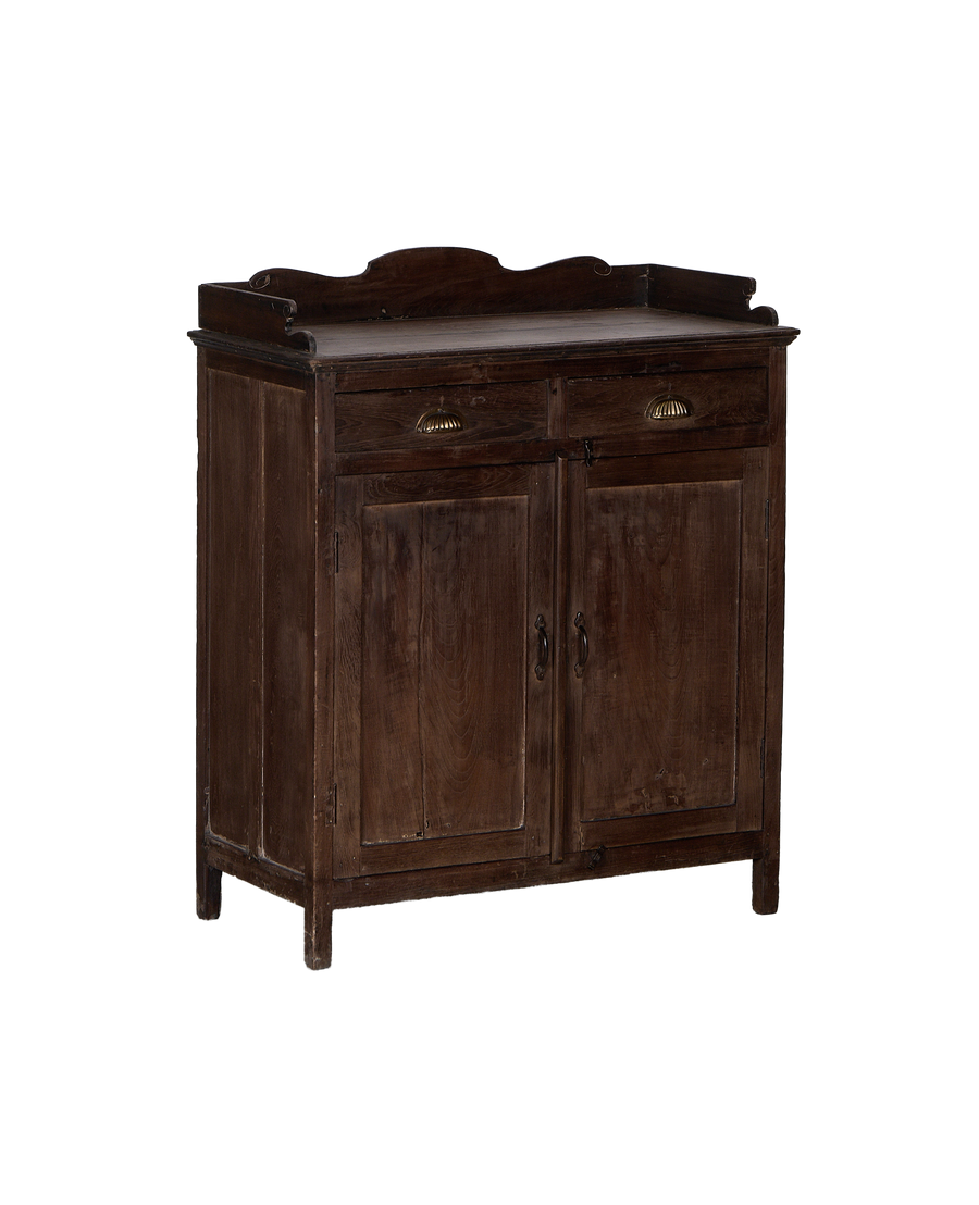 Vintage Indian oak cabinet, full frontal view, showing two drawers and double doors.