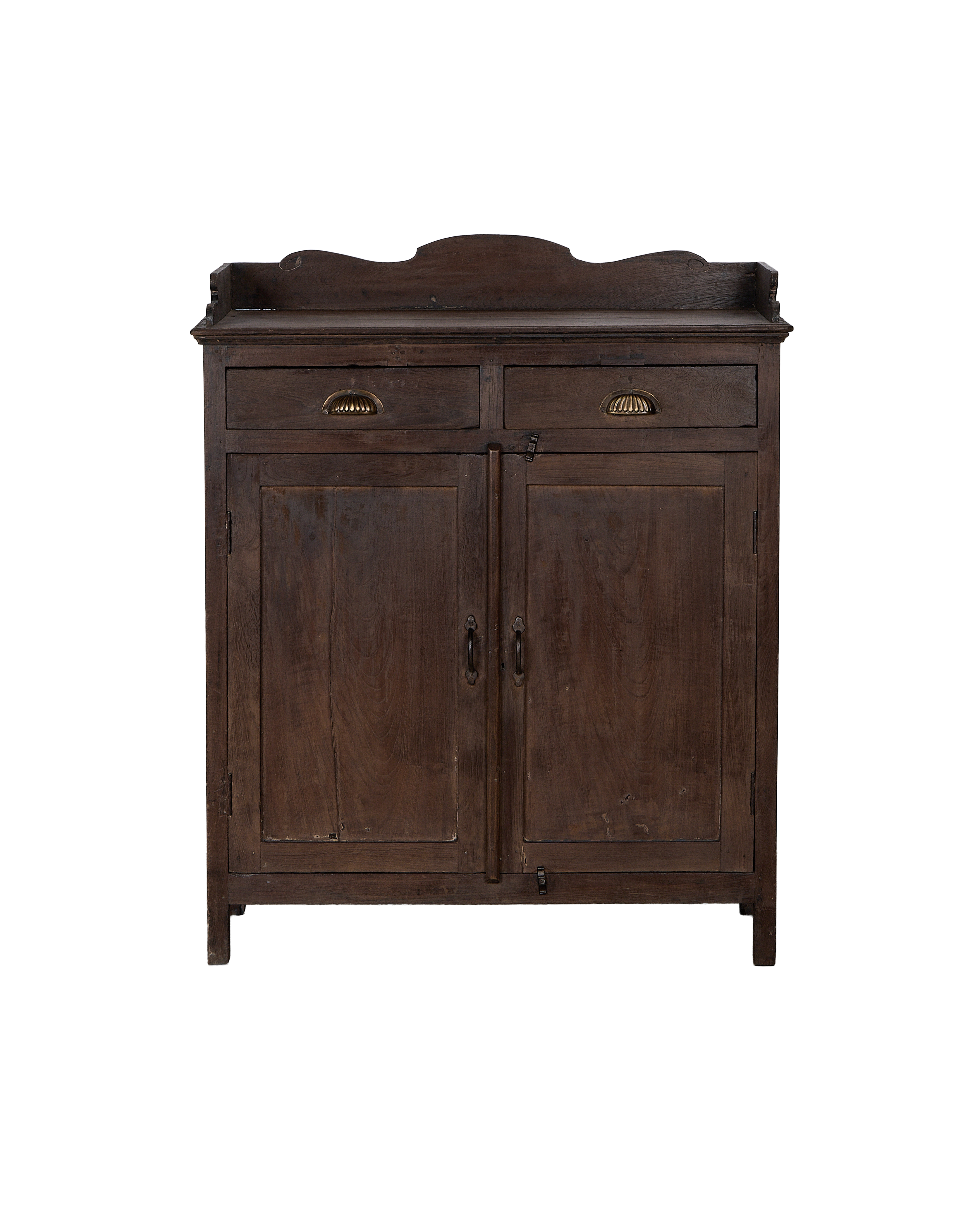 Vintage Indian oak cabinet features two drawers with shell pulls and double doors.