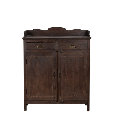 Vintage Indian oak cabinet features two drawers with shell pulls and double doors.