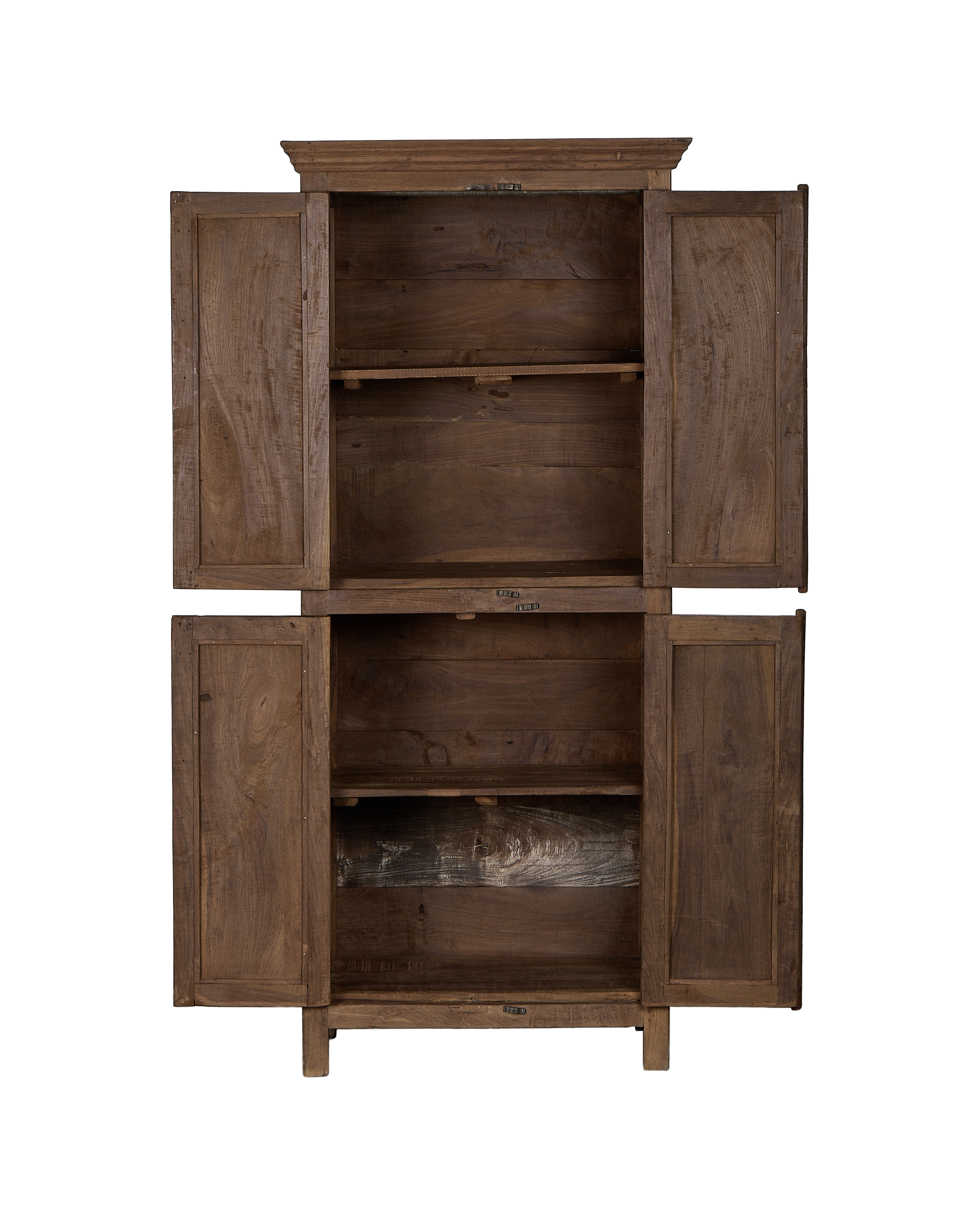 Vintage Indian oak wood cabinet, open doors revealing interior shelves and natural grain.