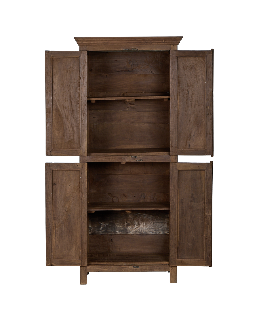 Vintage Indian oak wood cabinet, open doors revealing interior shelves and natural grain.