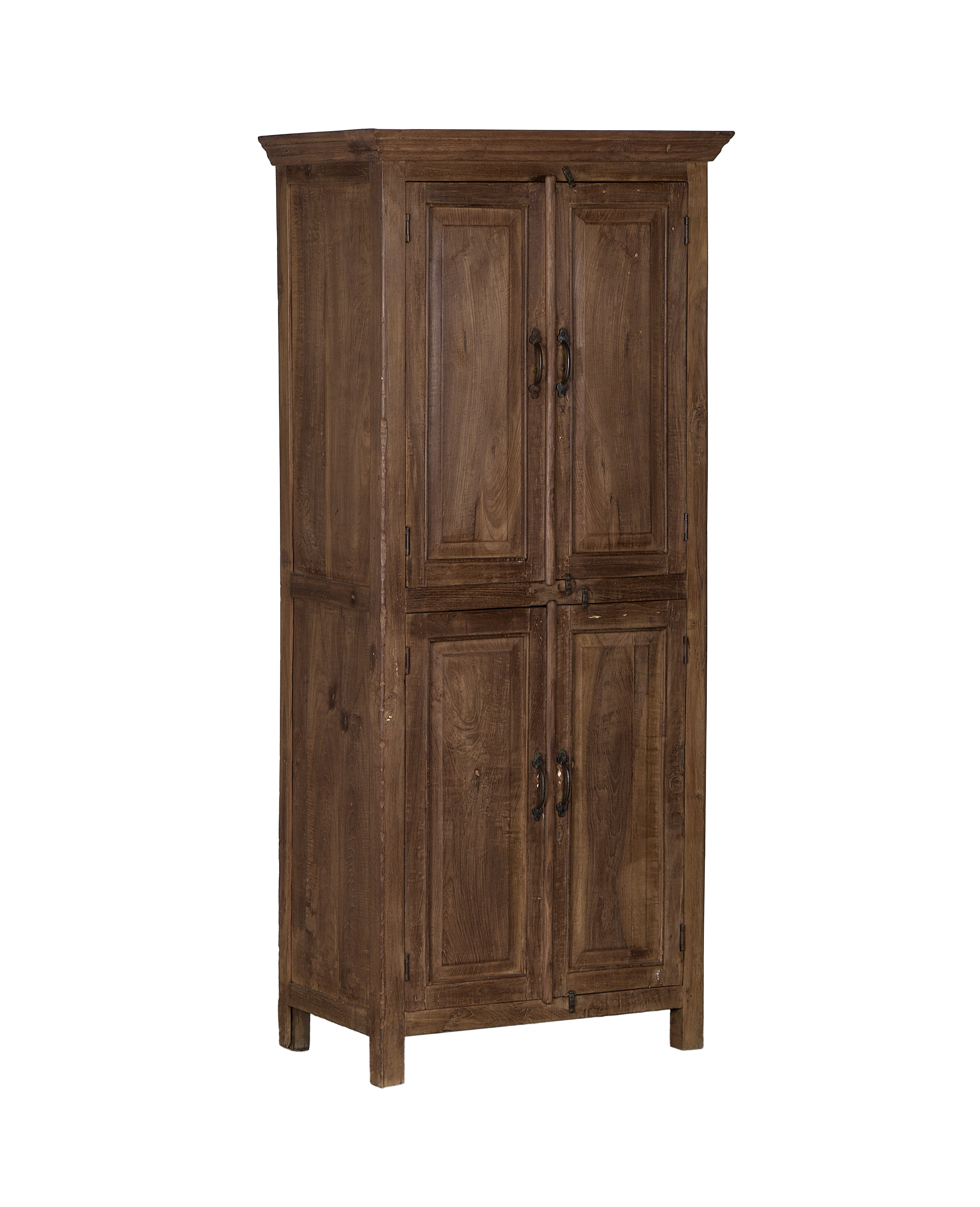 Vintage oak wood cabinet from India, displaying four paneled doors and dark metal handles.