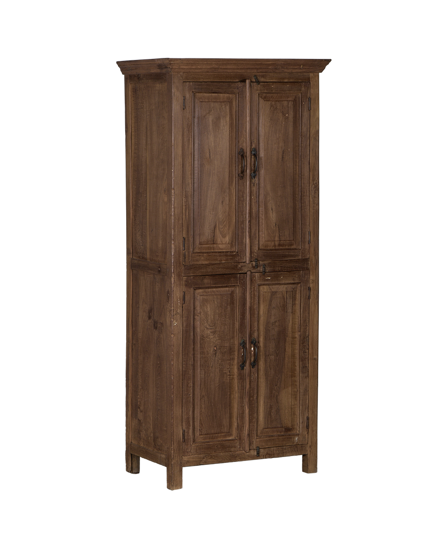 Vintage oak wood cabinet from India, displaying four paneled doors and dark metal handles.