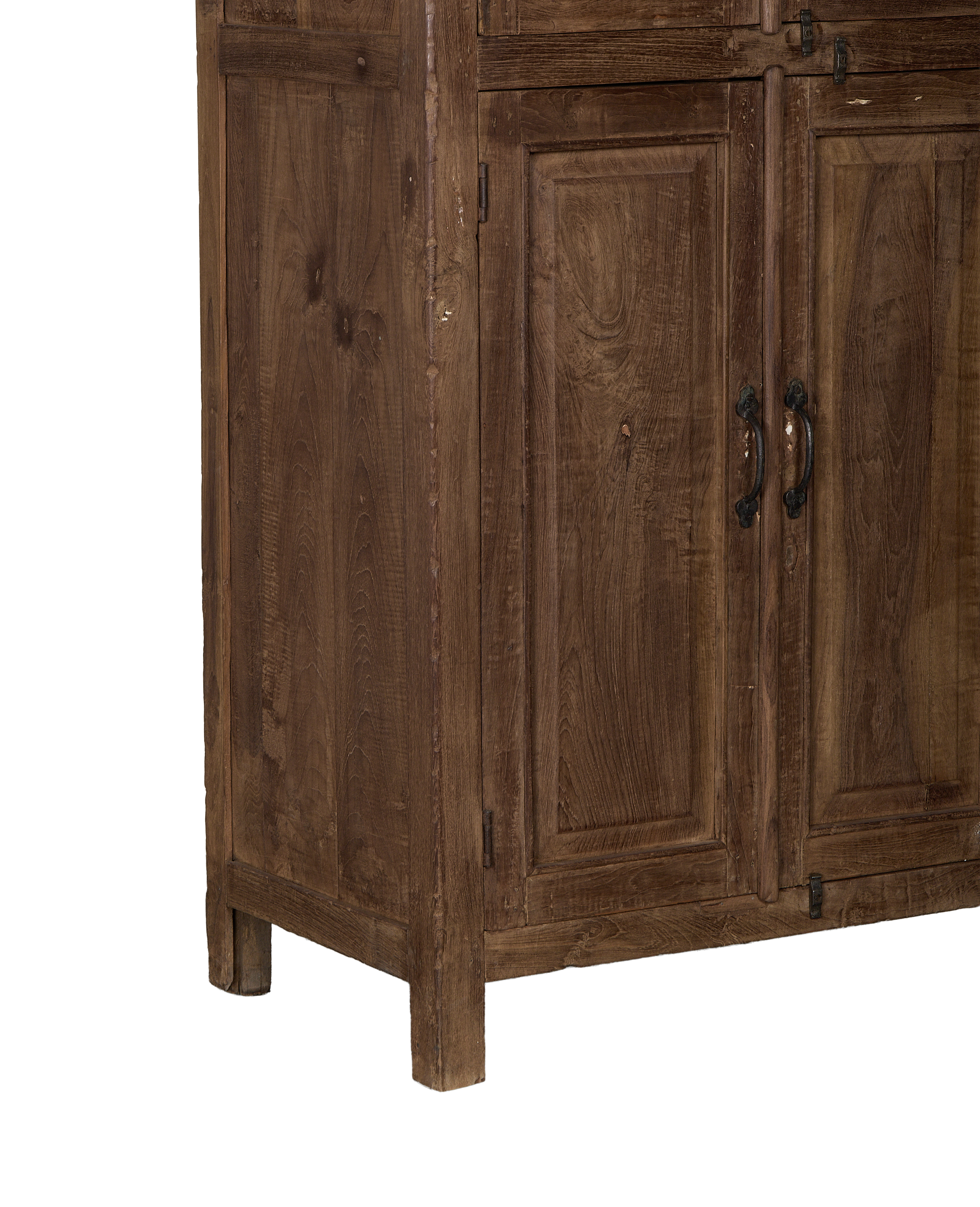 Vintage Indian oak cabinet details: distressed wood finish, sturdy construction, showing lower right corner and feet.