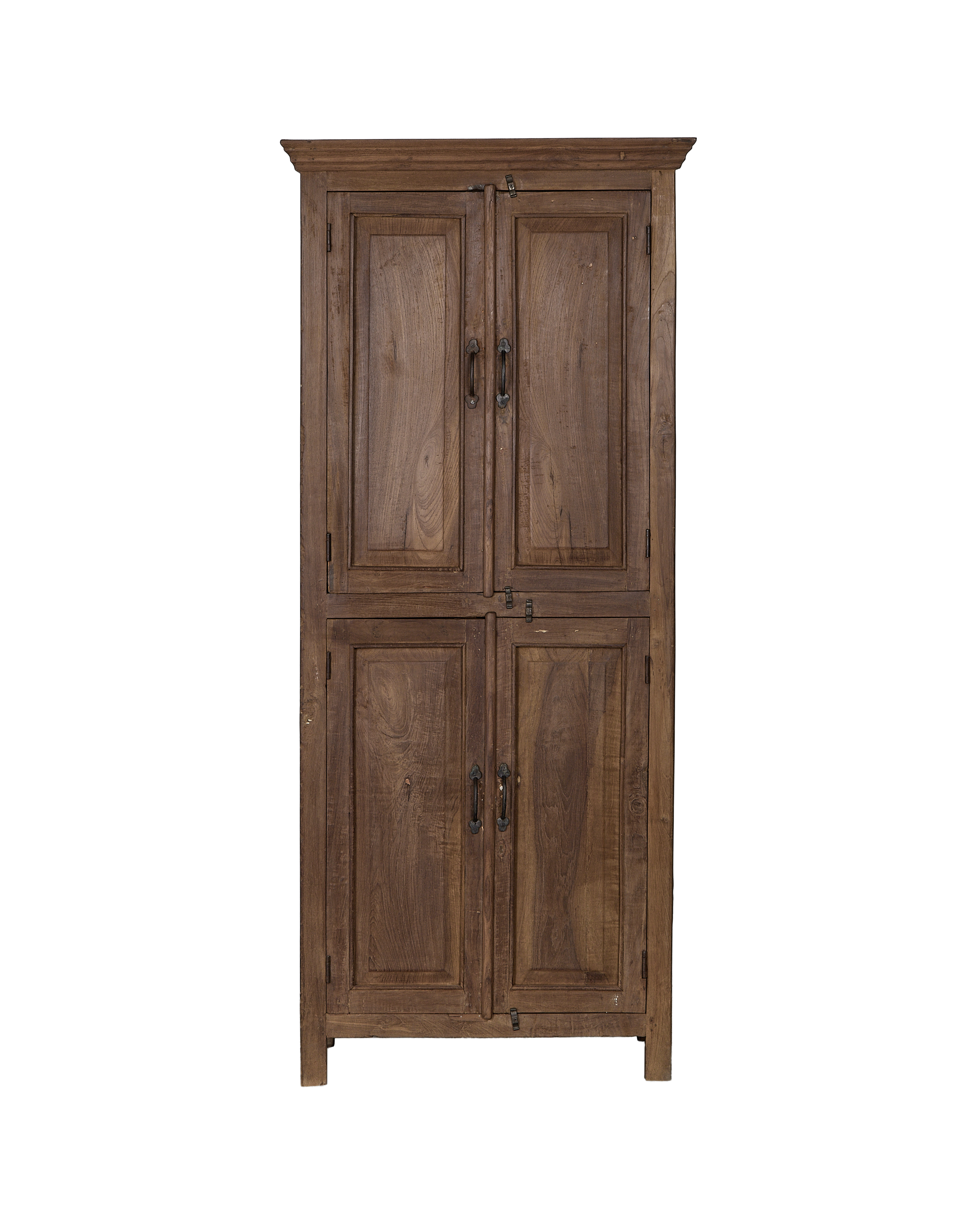 Vintage natural oak cabinet from India, with four paneled doors and antique metal pull handles.