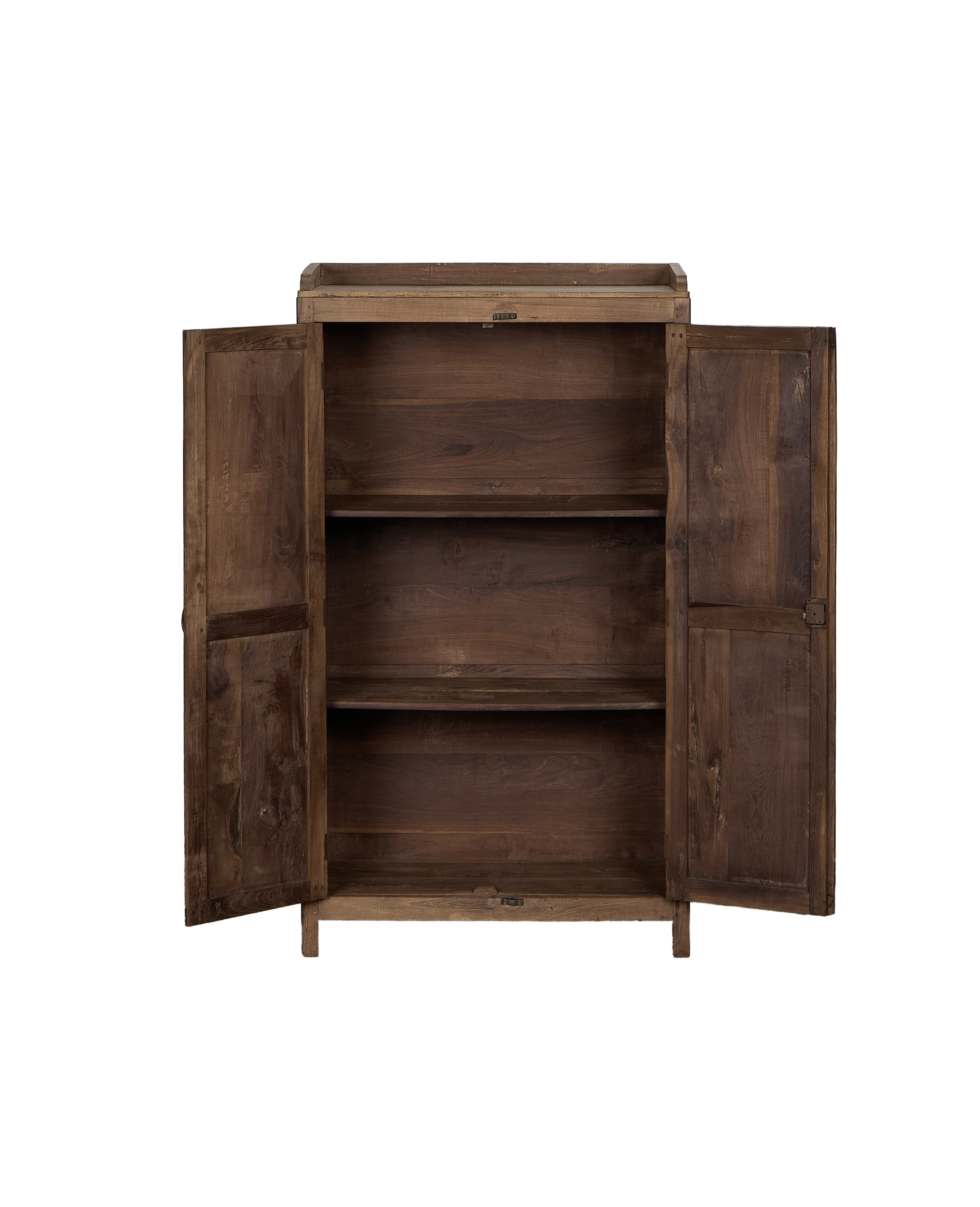 Open vintage Indian oak wood cabinet, rustic natural finish, showing interior shelves.