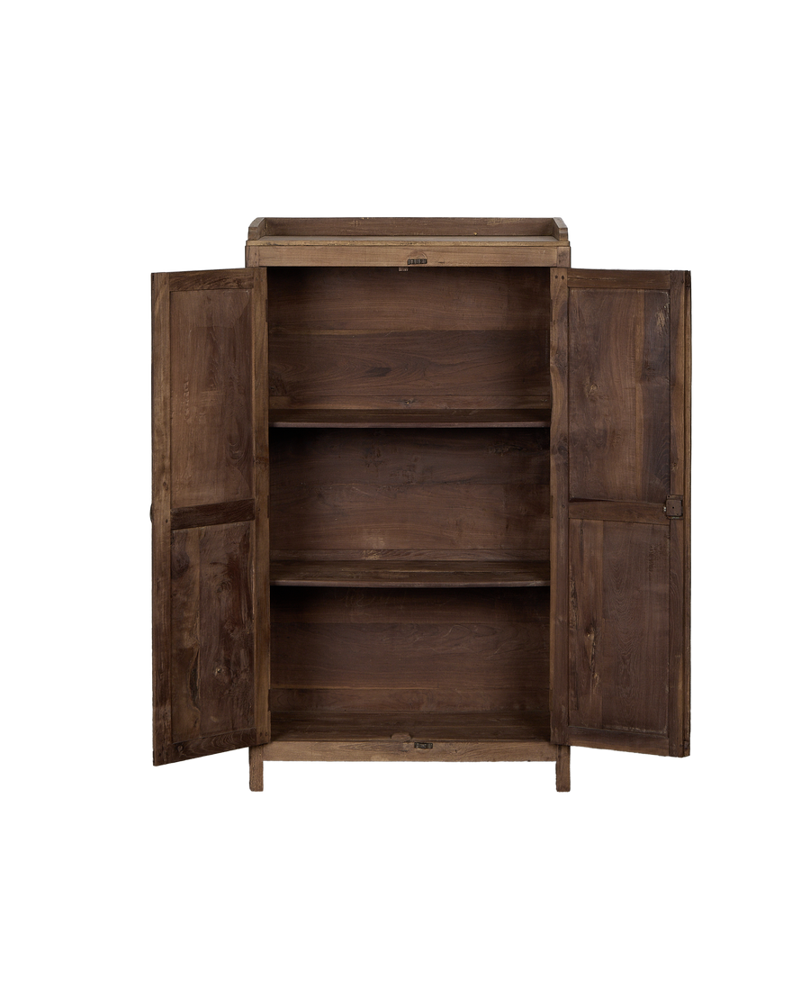 Open vintage Indian oak wood cabinet, rustic natural finish, showing interior shelves.