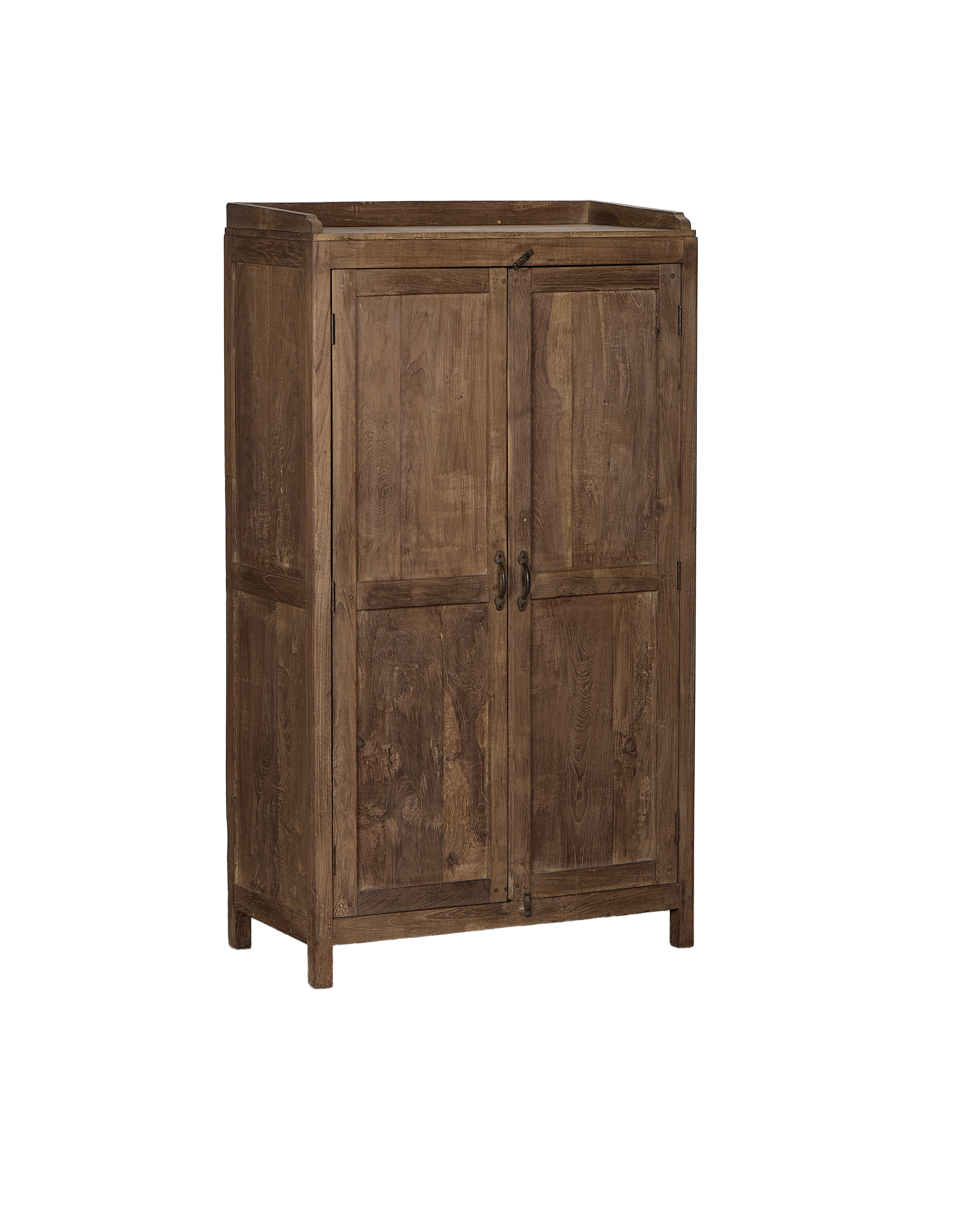 Vintage Indian oak cabinet, natural rustic finish, with double doors and detailed antique hardware.