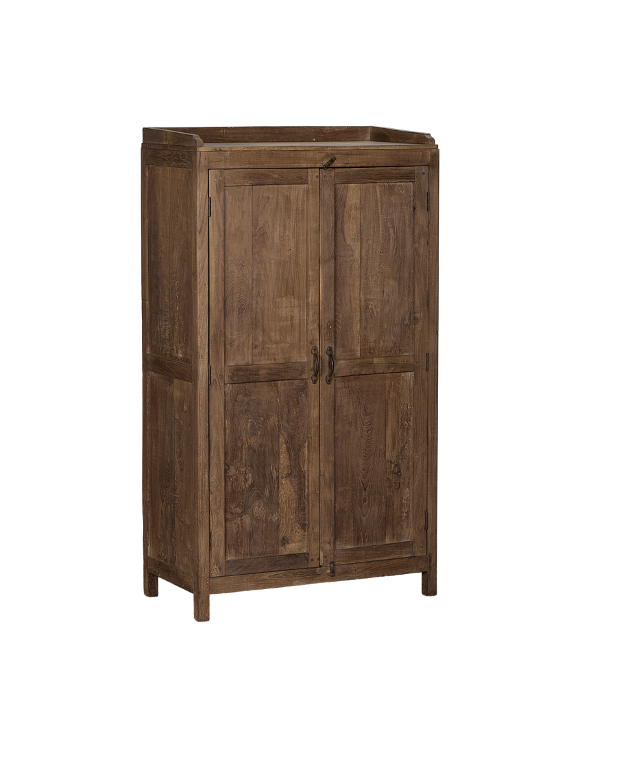 Vintage Indian oak cabinet, natural rustic finish, with double doors and detailed antique hardware.