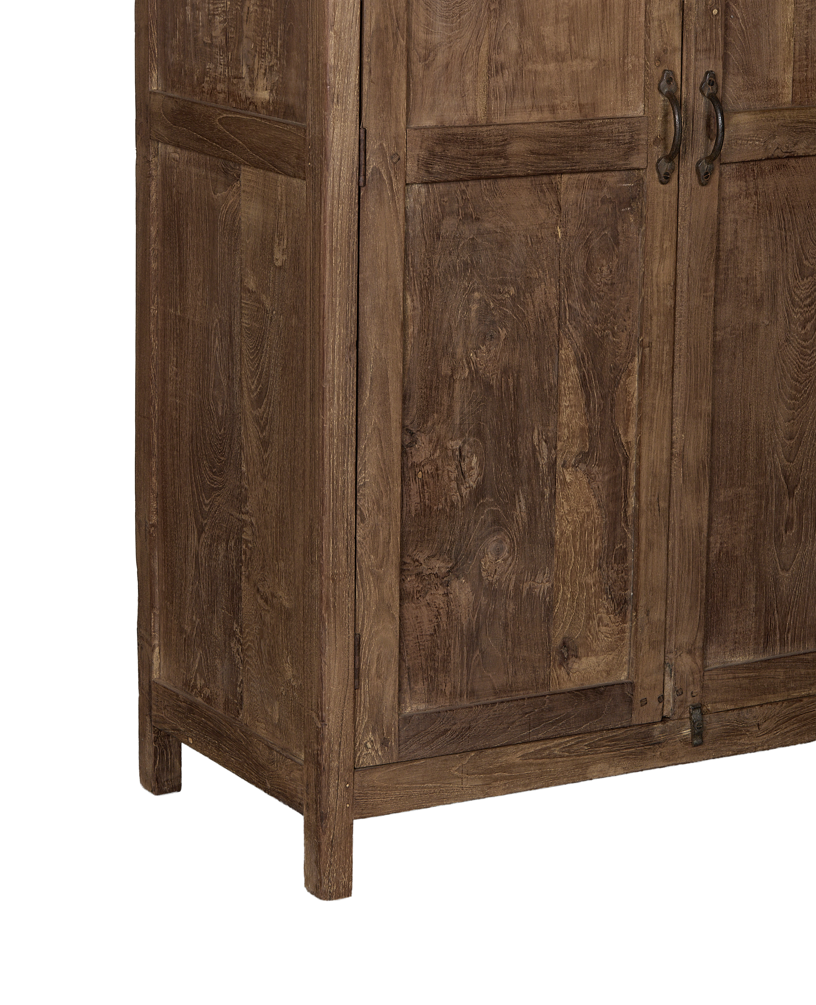 Vintage Indian oak cabinet: close-up showing the rustic wood grain texture and bottom feet.