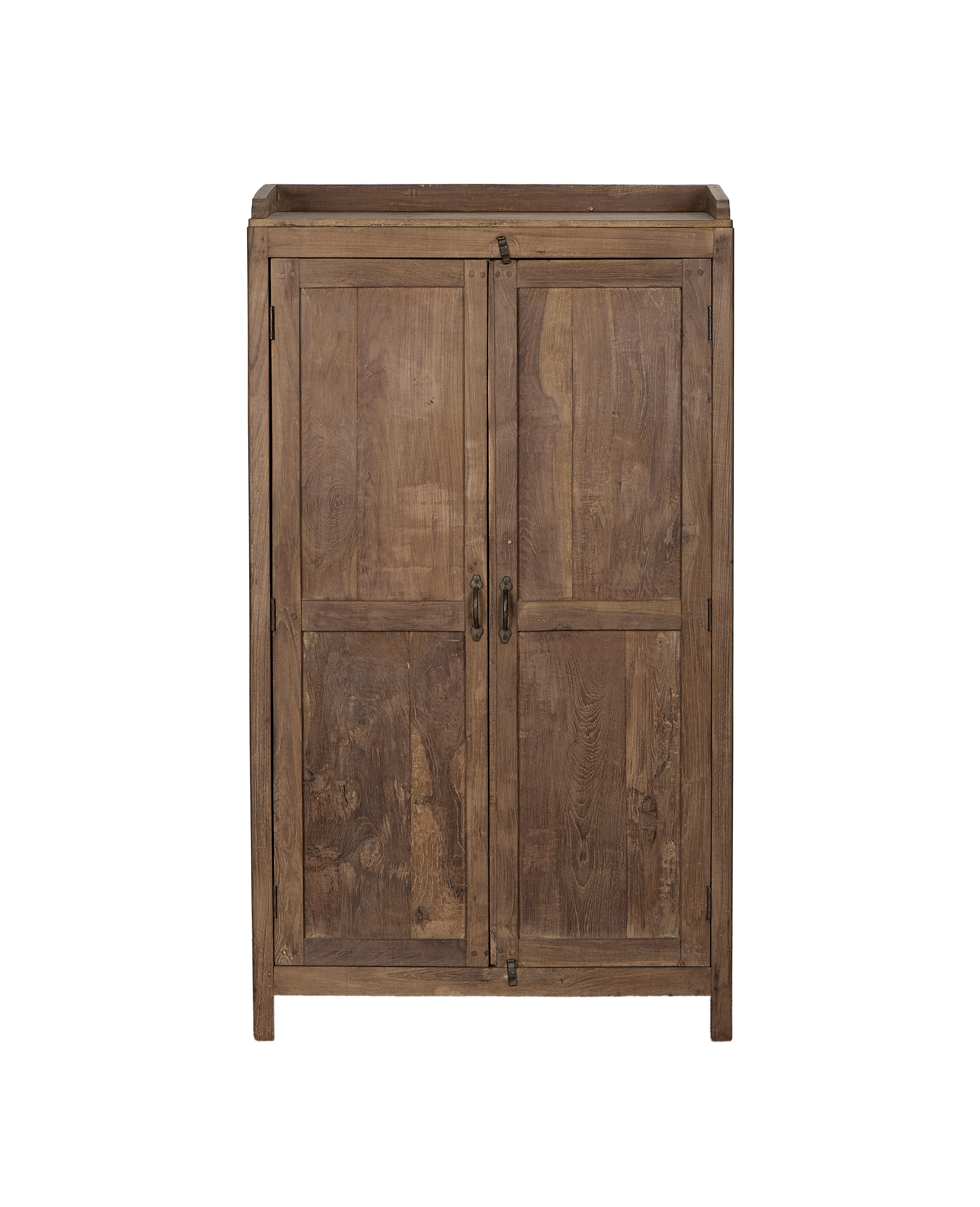 Vintage natural oak wood cabinet from India, featuring double doors and antique handles.