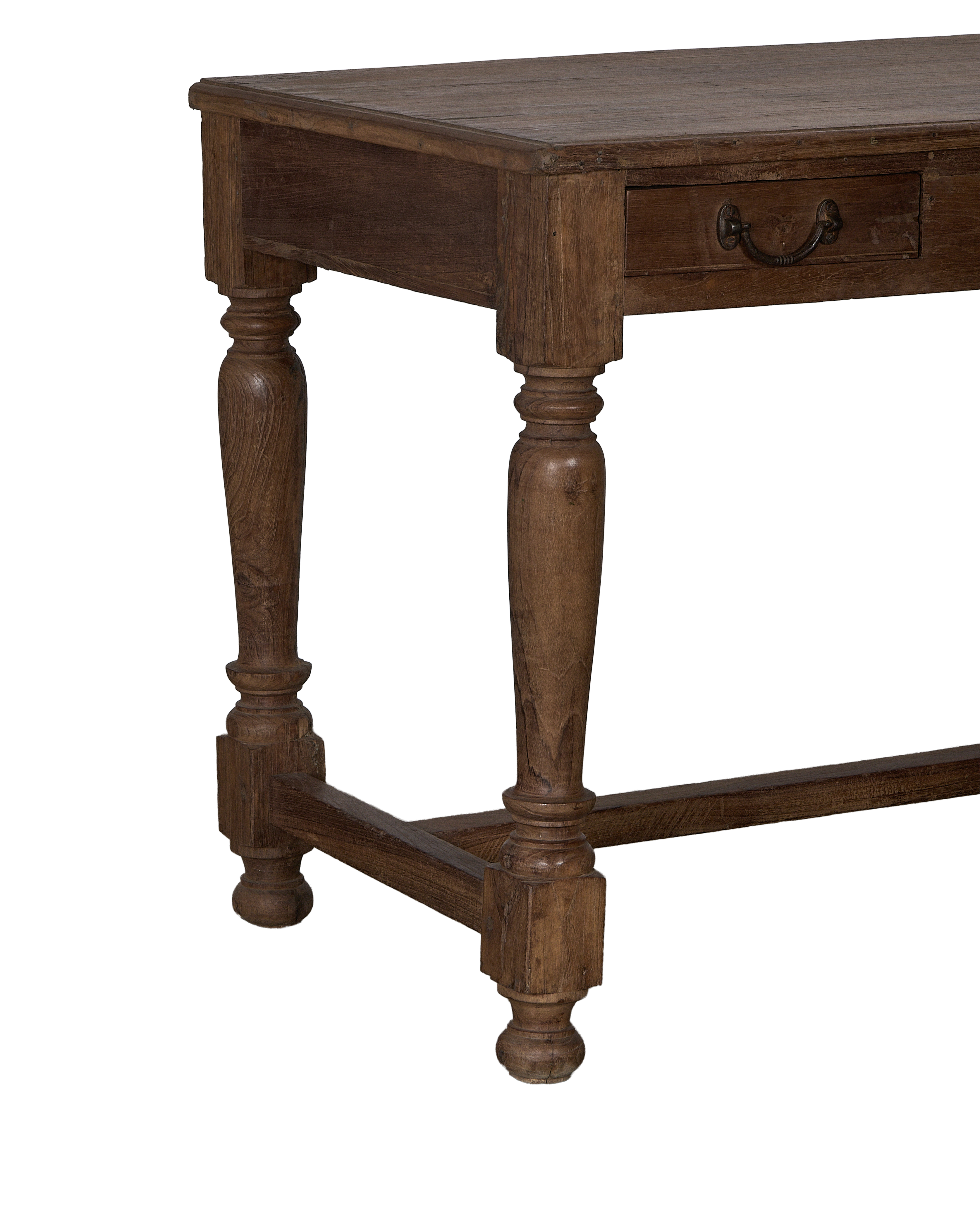 Vintage oak desk with antique pull handle and distressed natural wood grain.