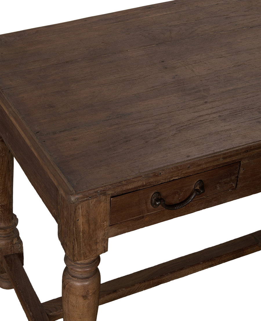 Vintage Indian oak wood desk, close-up of drawer with antique metal handle.