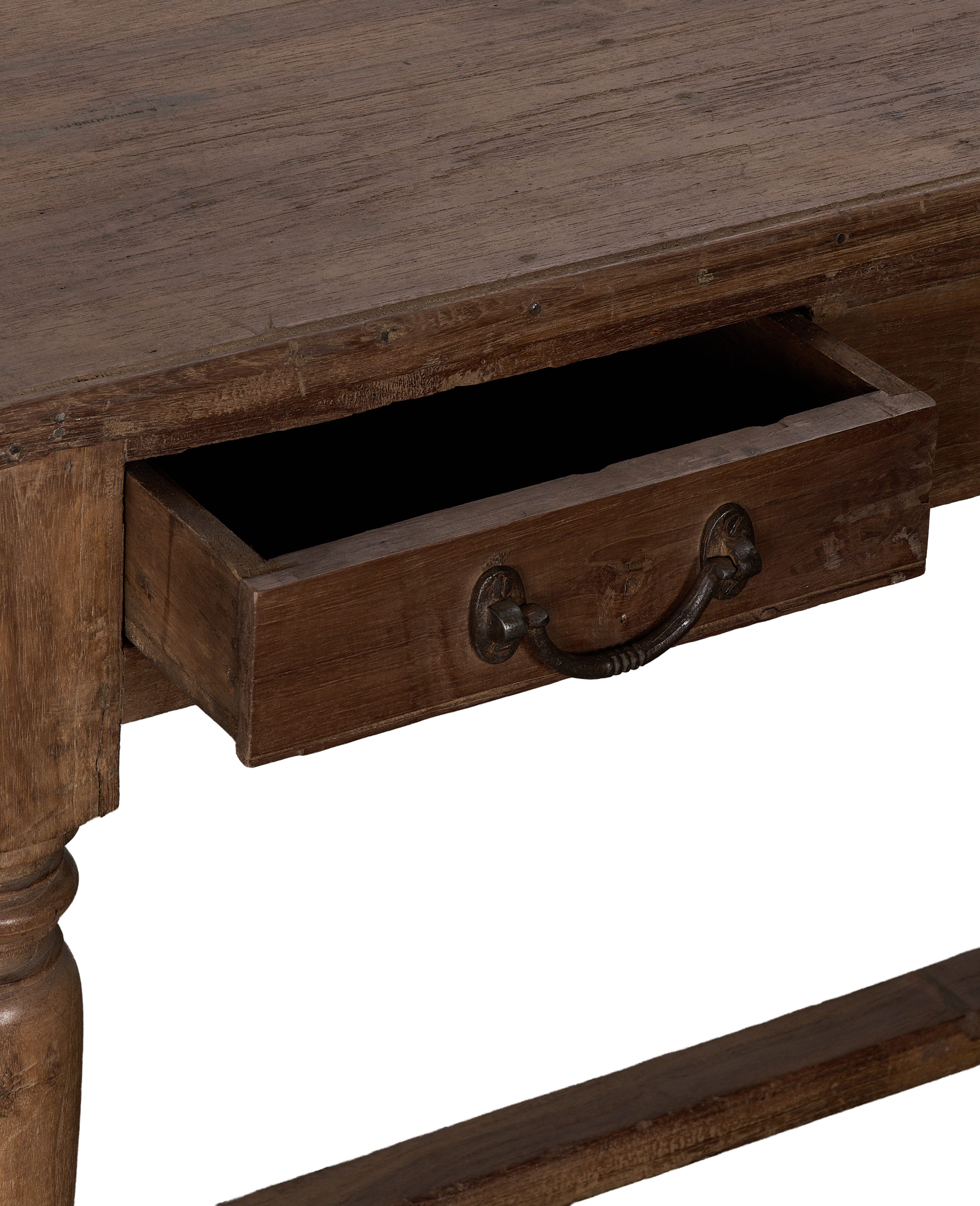 Vintage Indian oak desk, natural brown, open drawer with antique metal pull.