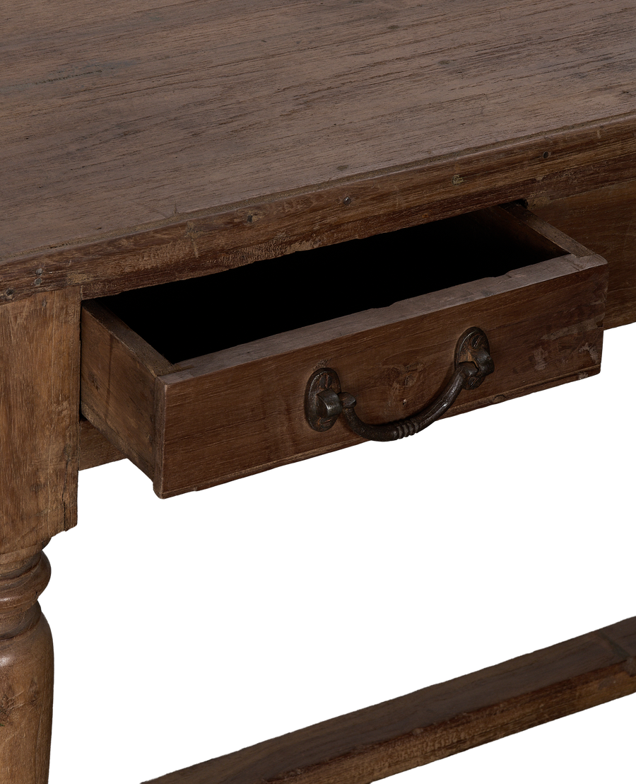 Vintage Indian oak desk, natural brown, open drawer with antique metal pull.